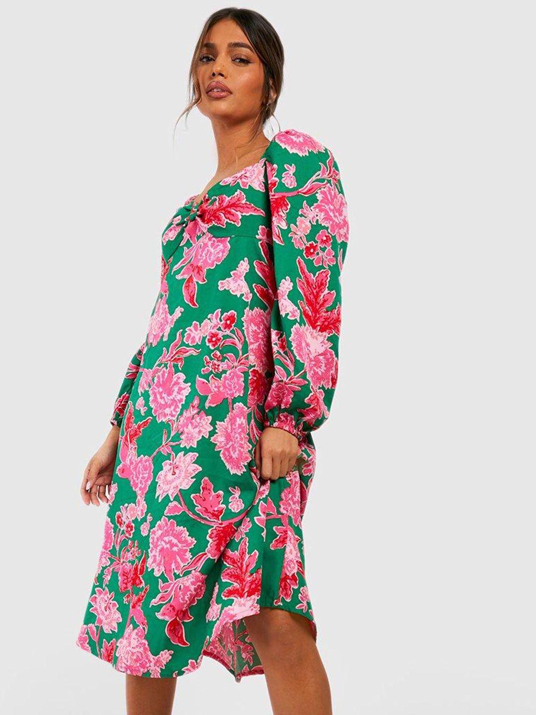 boohoo twisted detail floral print puff sleeve a-line midi dress