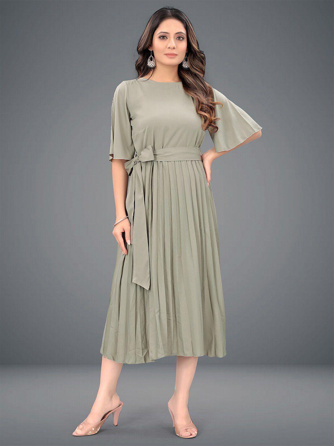 deklook olive green crepe a-line midi dress