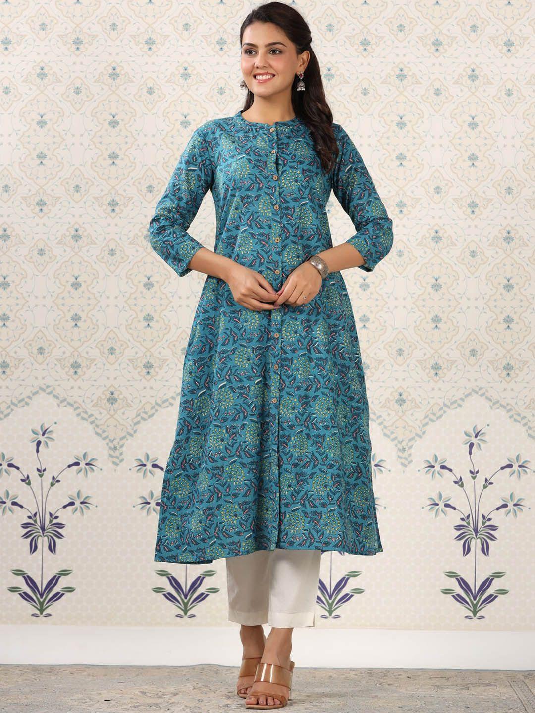 ode by house of pataudi women teal printed keyhole neck flared sleeves mirror work kurta