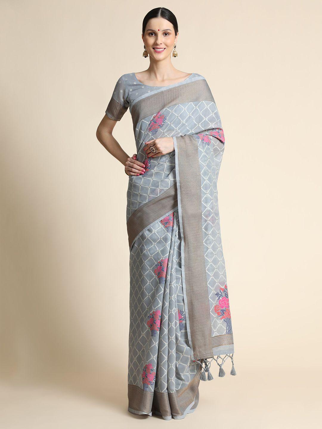 vishnu weaves floral printed zari pure linen saree