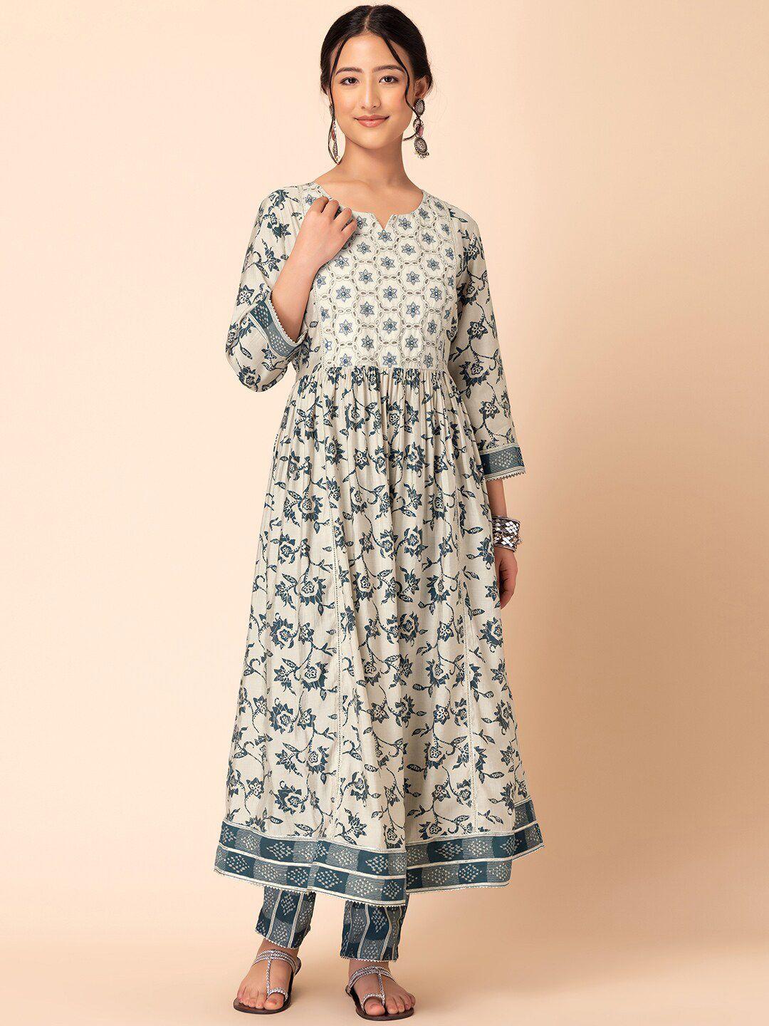 indya women ethnic motifs printed anarkali kurta with trousers