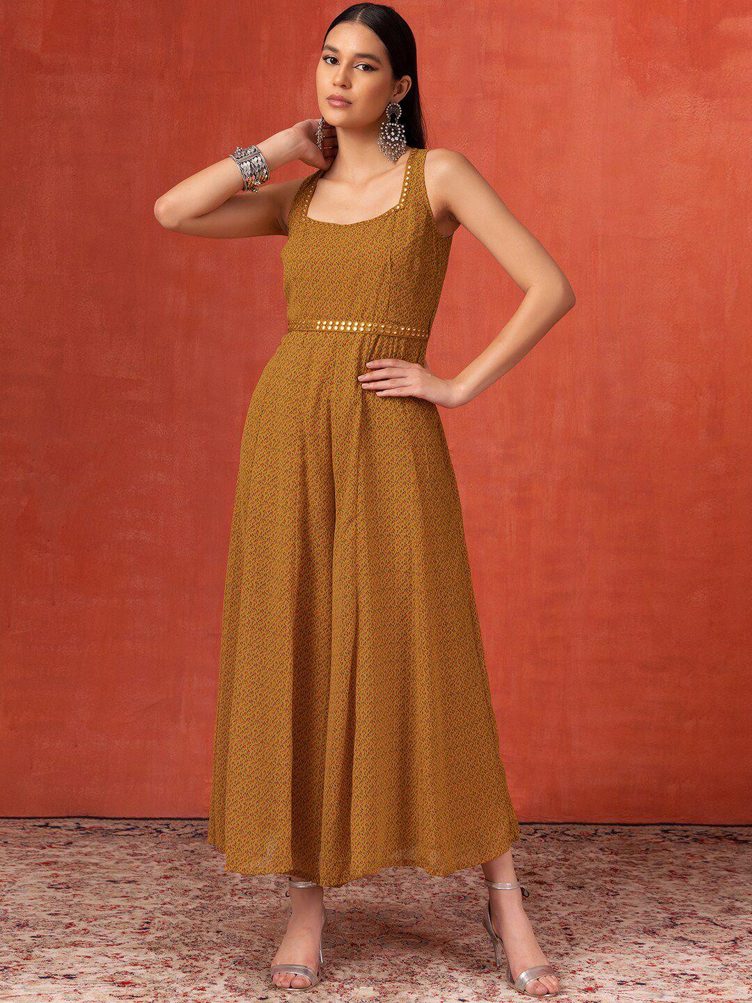 indya mustard printed basic jumpsuit