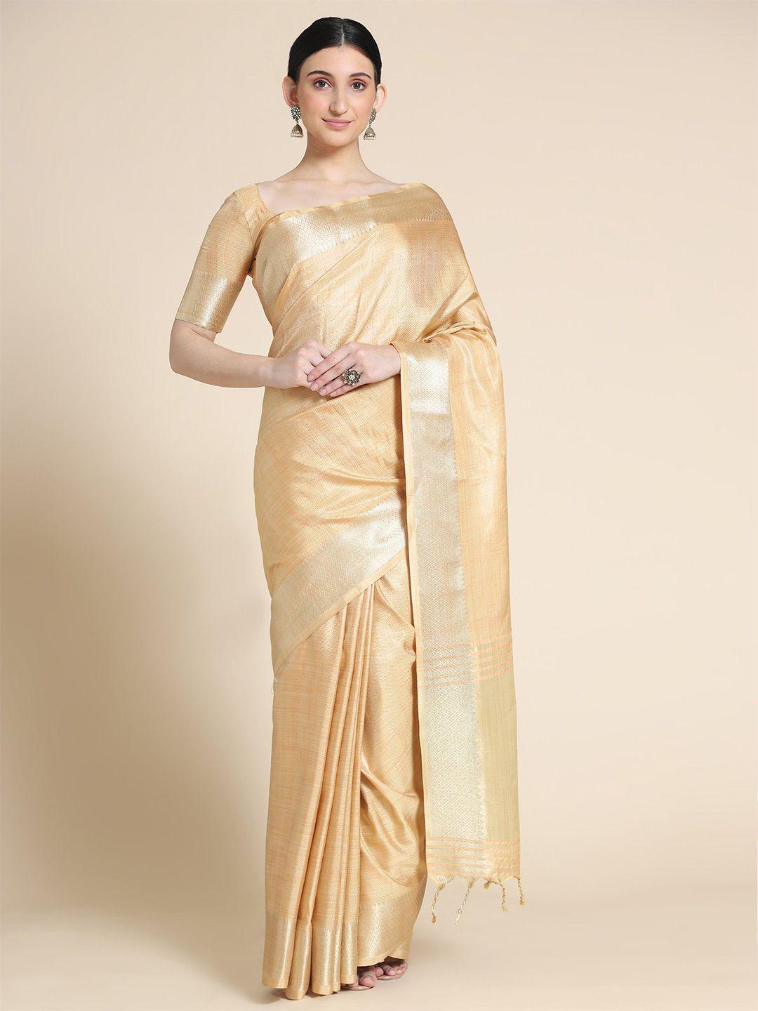 vishnu weaves orange & gold-toned woven design zari pure linen saree