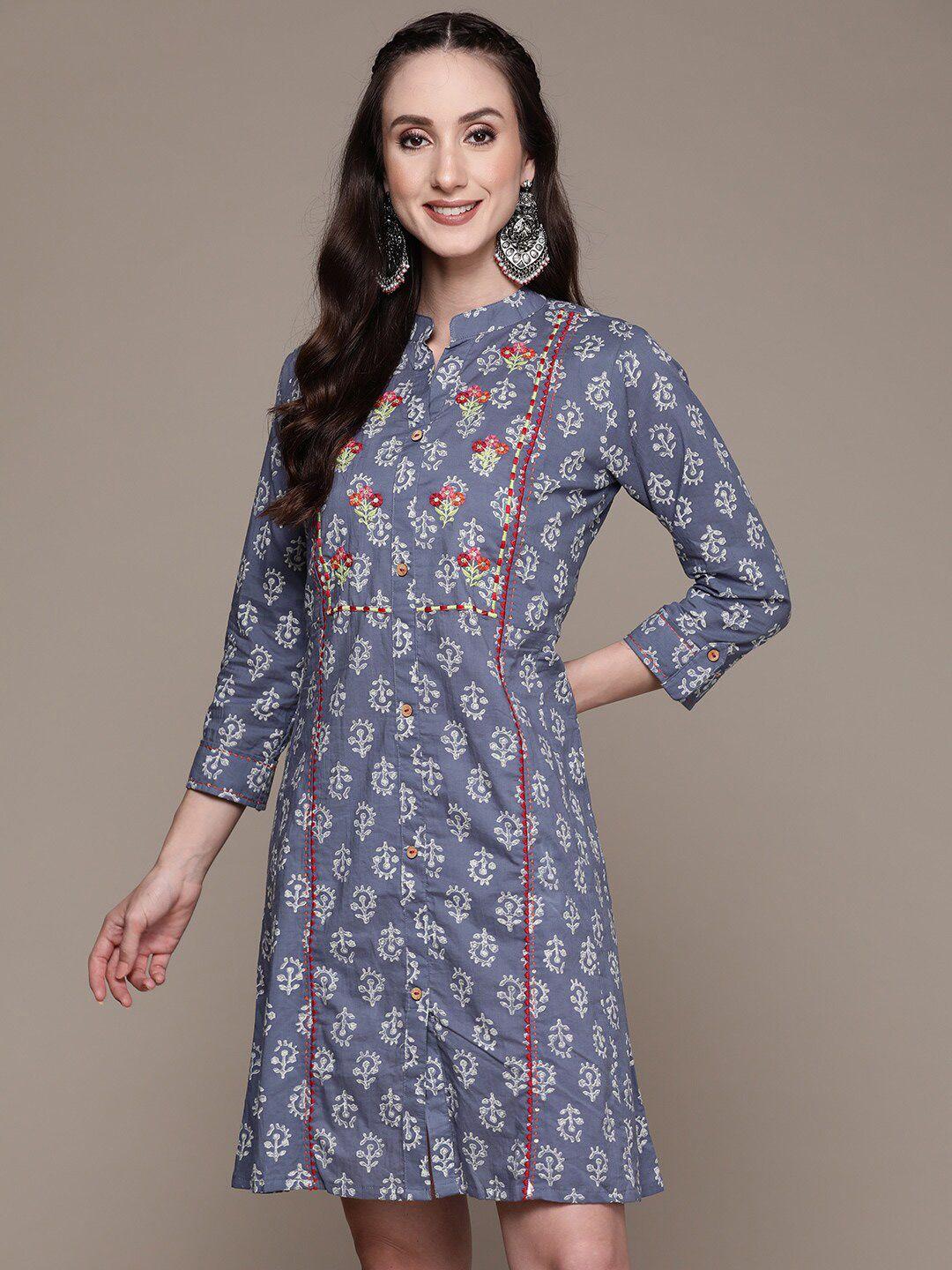 anubhutee ethnic motifs print thread work a-line cotton ethnic dress