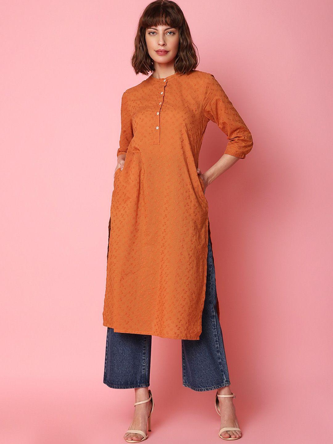 indifusion women rust geometric checked thread work kurta