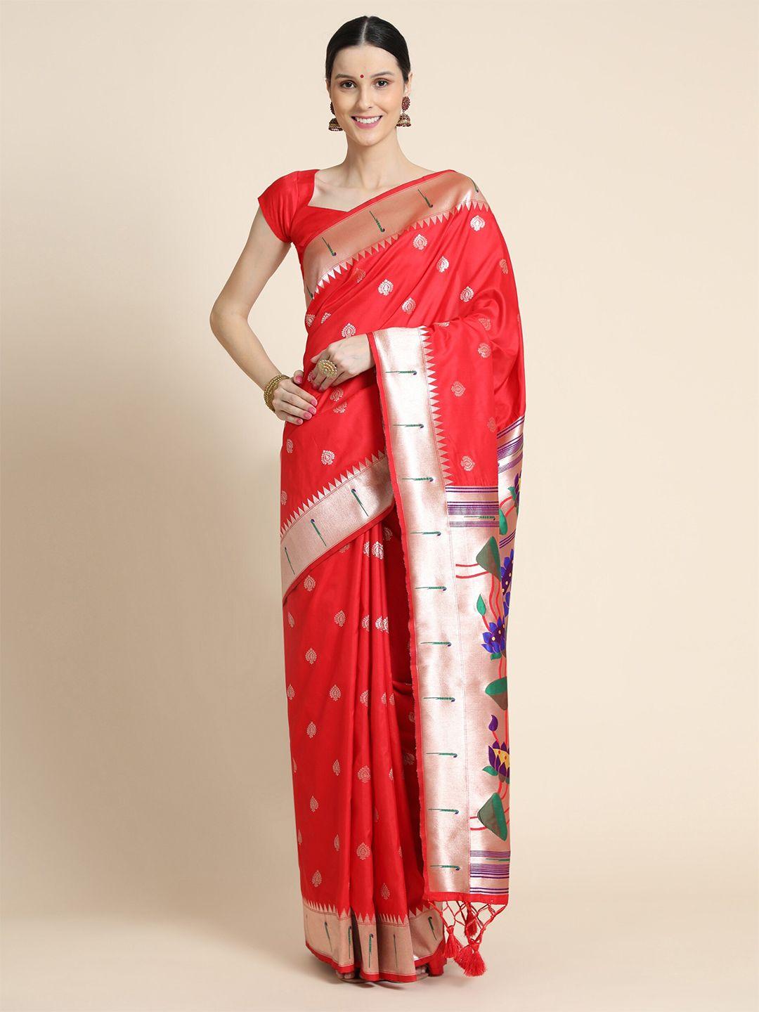 vishnu weaves red & gold-toned woven design zari silk blend saree