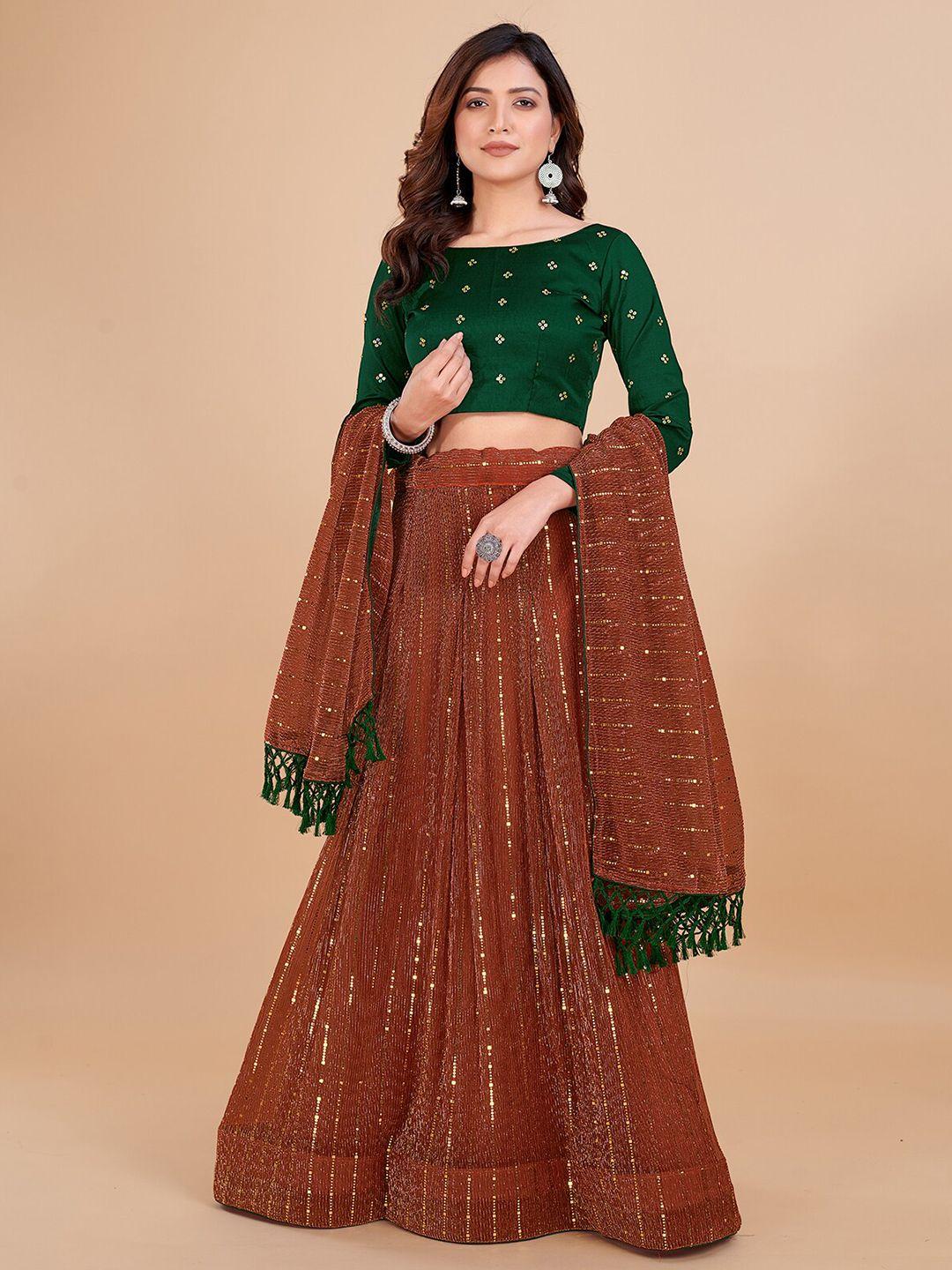 kalini orange & green embellished sequinned semi-stitched lehenga & unstitched blouse with dupatta