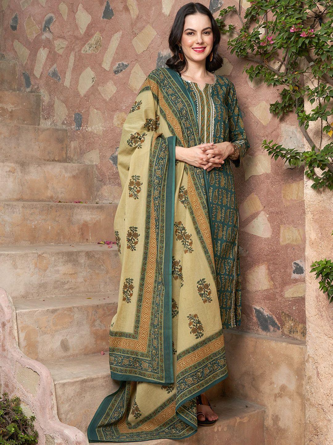 sangria women olive green ethnic motifs printed regular pure cotton kurta with trousers & with dupatta