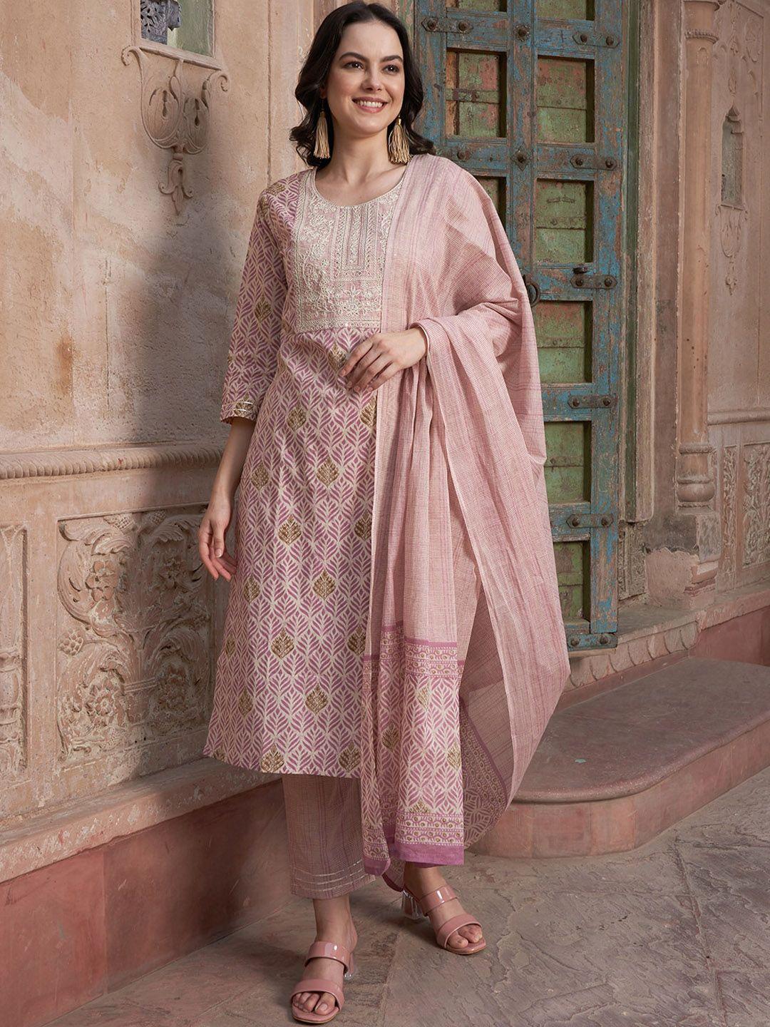 sangria women embroidered regular sequinned pure cotton kurta with churidar & with dupatta