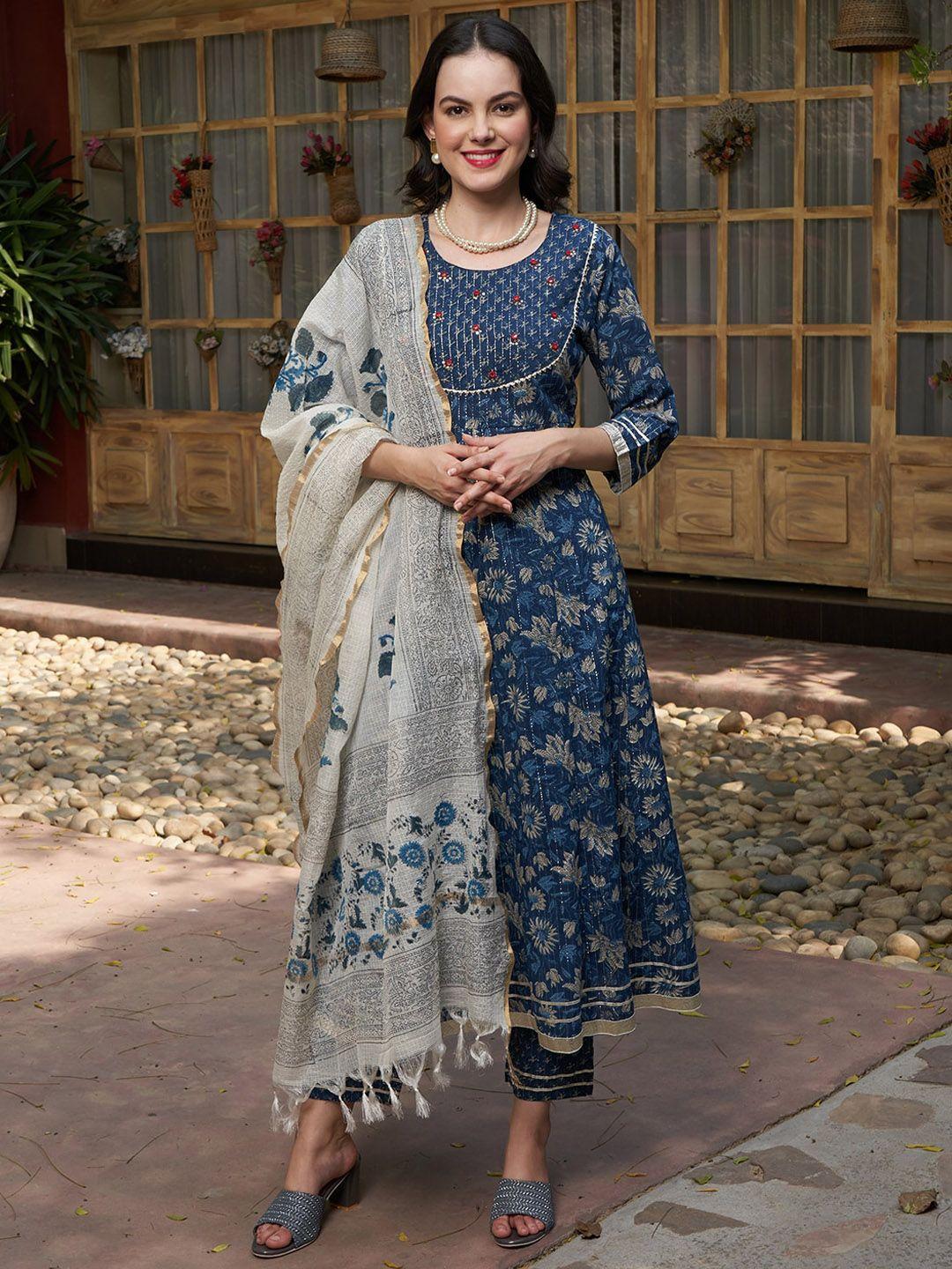 sangria floral printed gotta patti pure cotton empire a-line kurta with trousers & dupatta