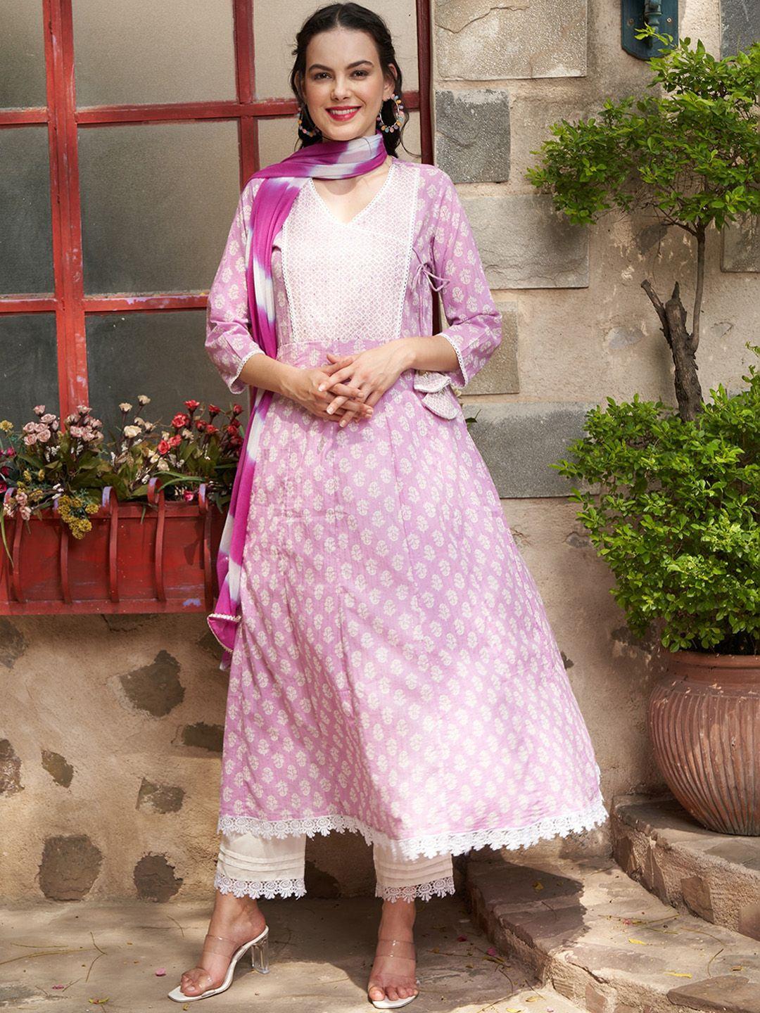 sangria printed gotta patti detail cotton angrakha a-line kurta with palazzos & dupatta