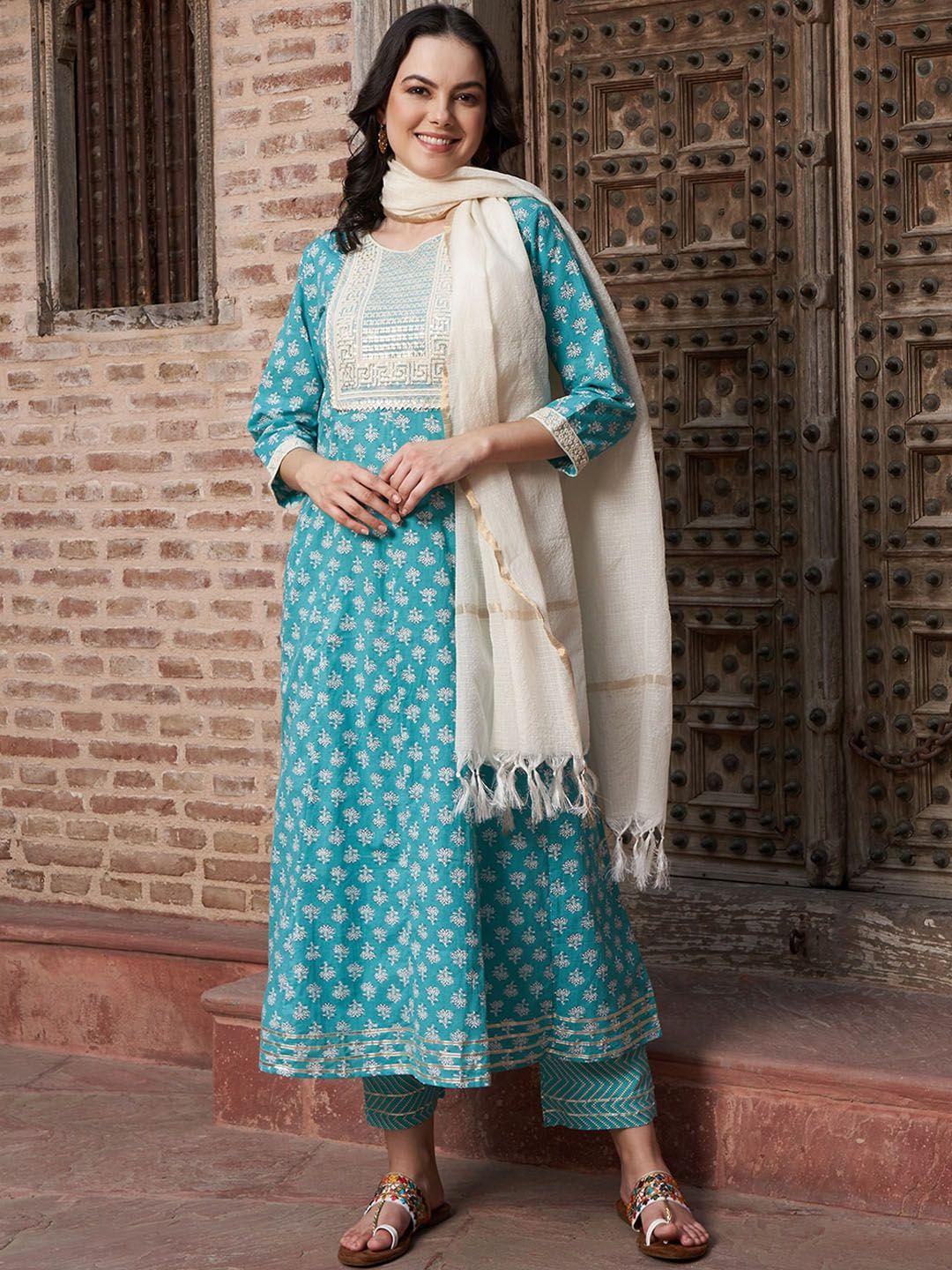 sangria floral printed thread work detail pure cotton a-line kurta with palazzos & dupatta