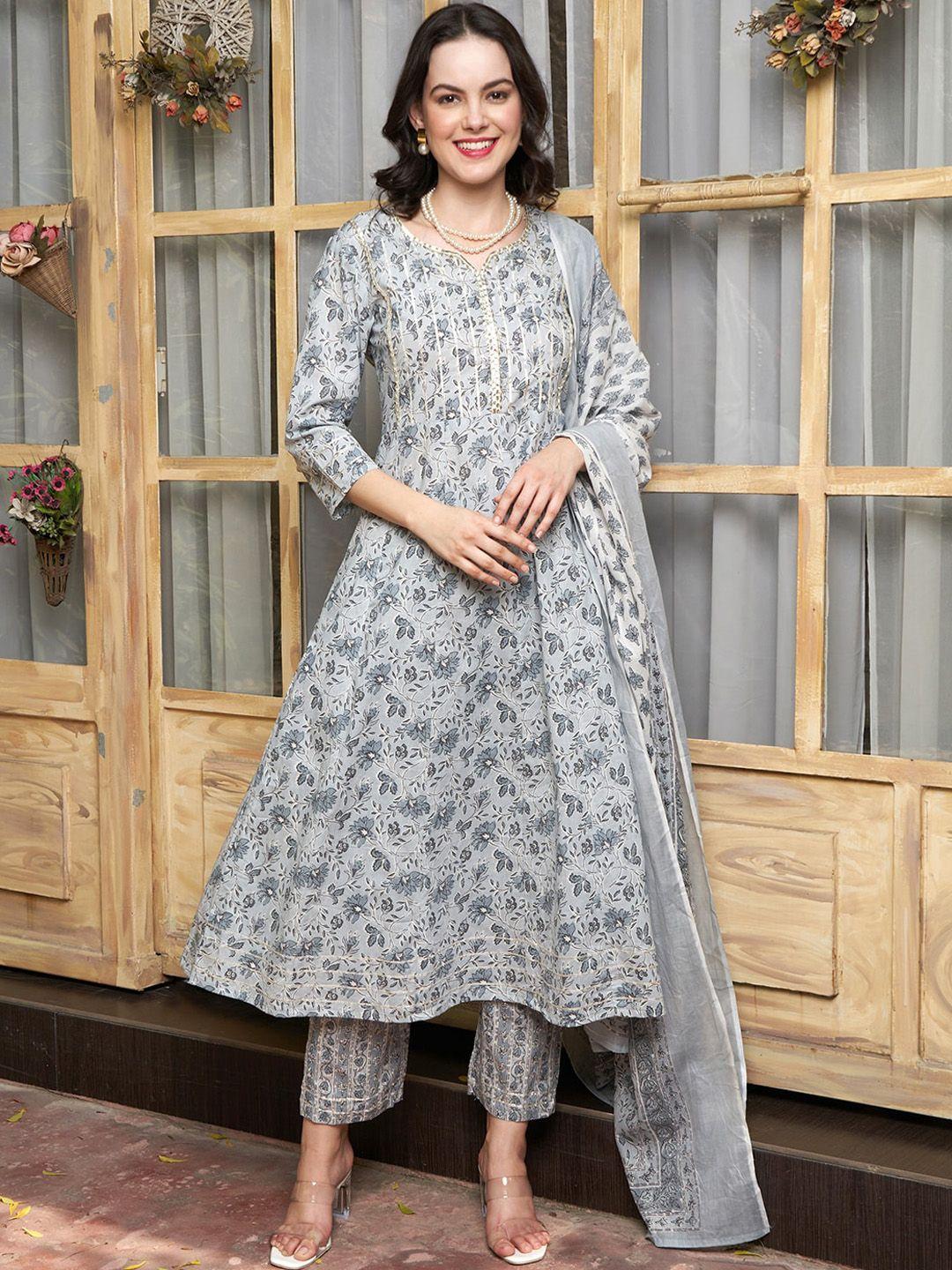 sangria floral-printed pure-cotton anarkali kurta with trouser & dupatta