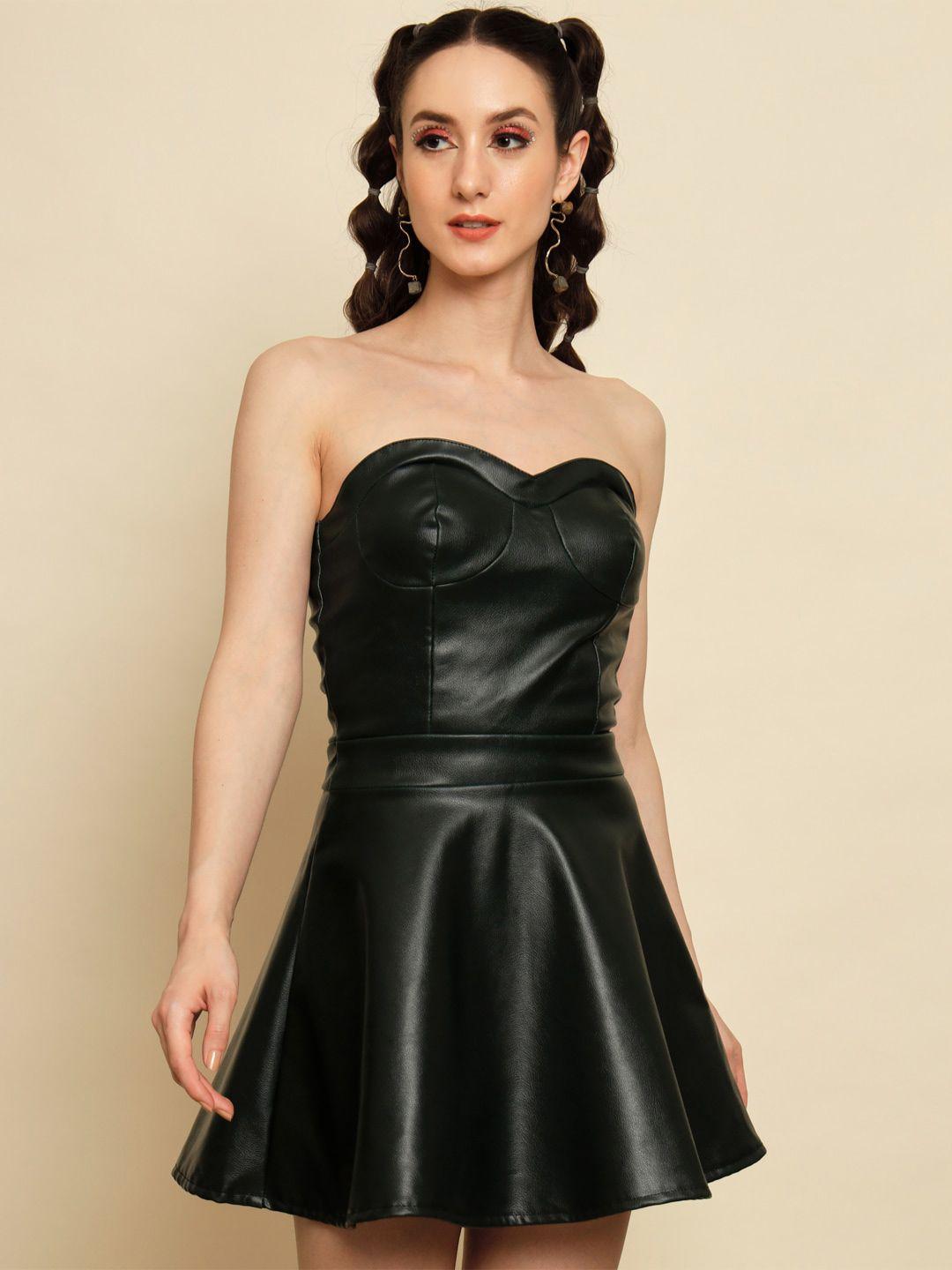 baesd black leather fit & flare dress