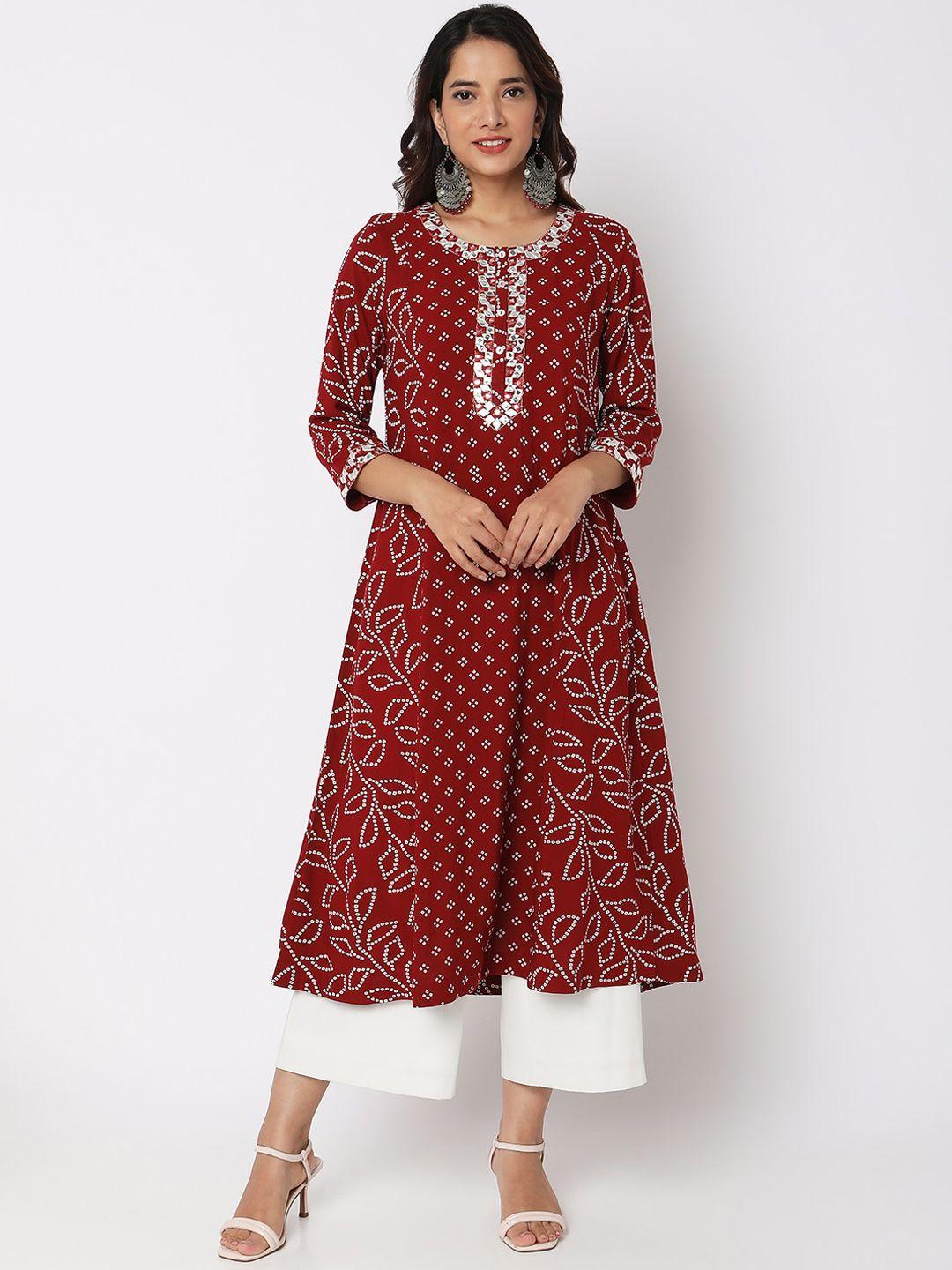 ethnicity bandhani printed mirror work anarkali kurta