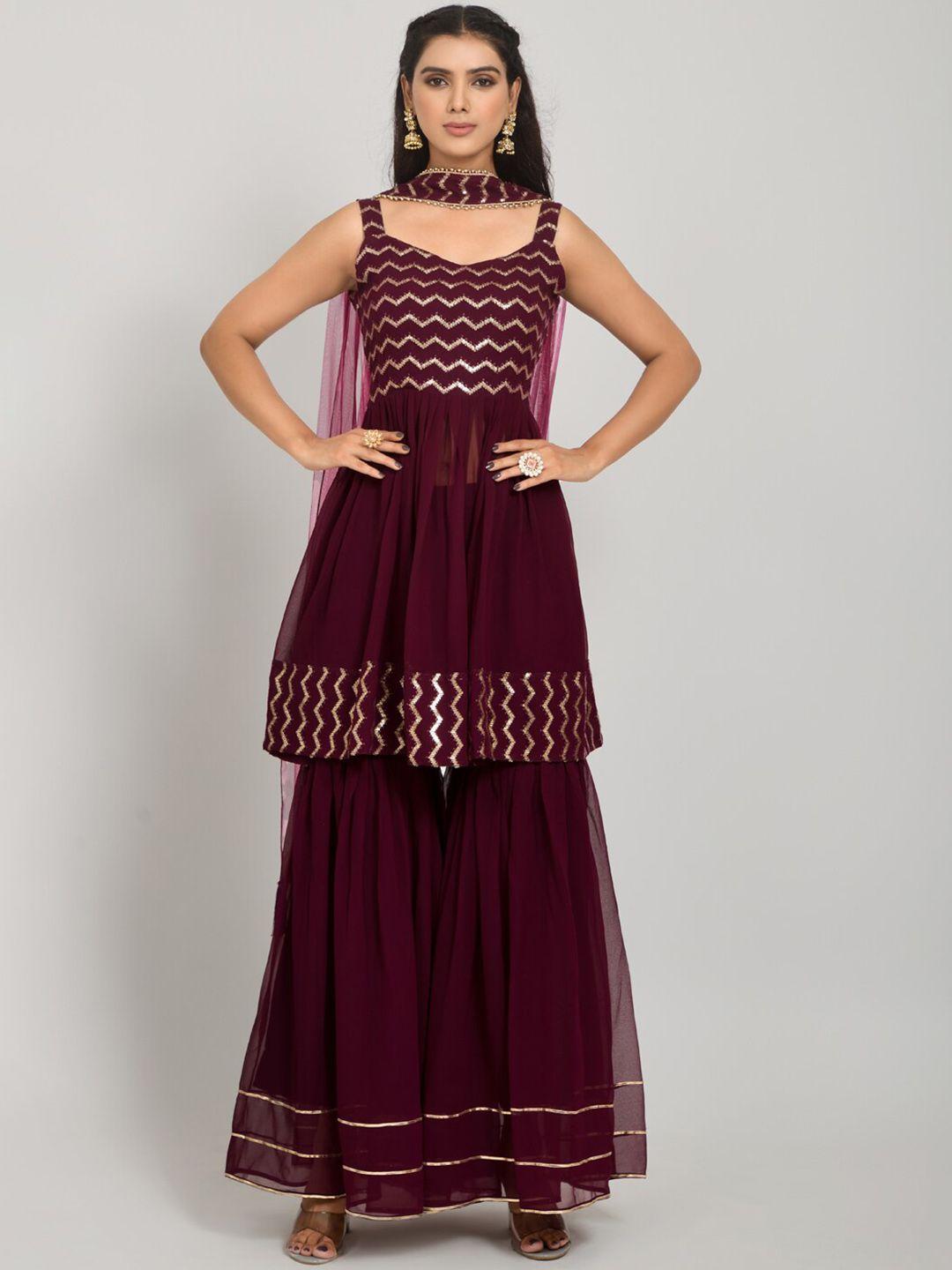 kalini women maroon embroidered pleated sequinned kurta with sharara & with dupatta