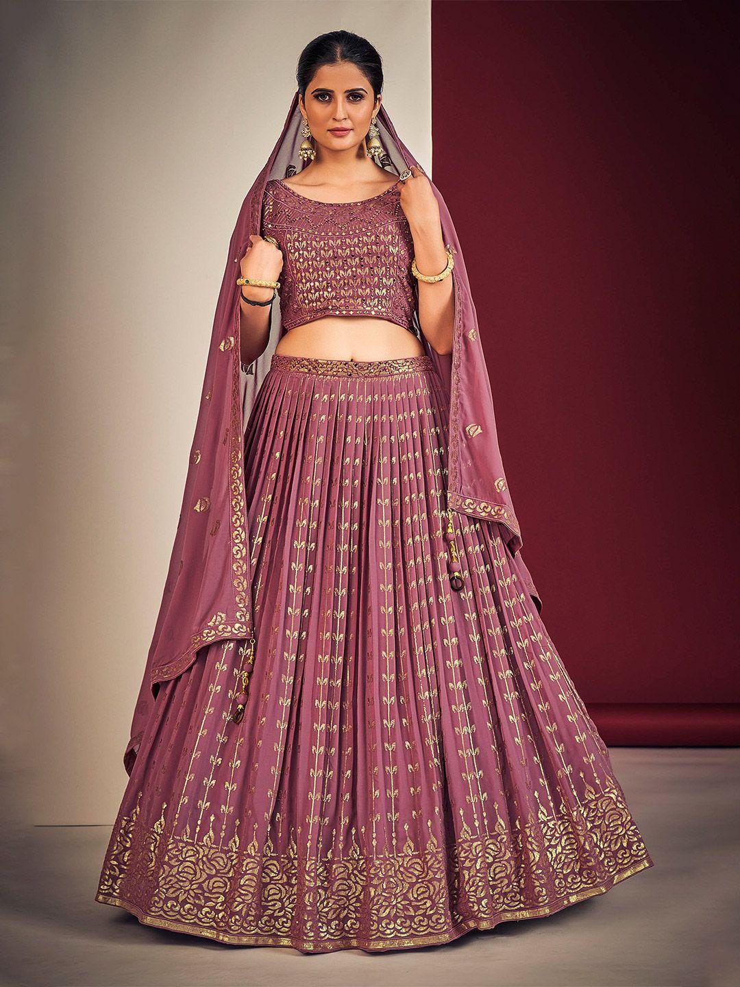 dresstive mauve & gold-toned embroidered sequinned ready to wear lehenga & blouse with dupatta