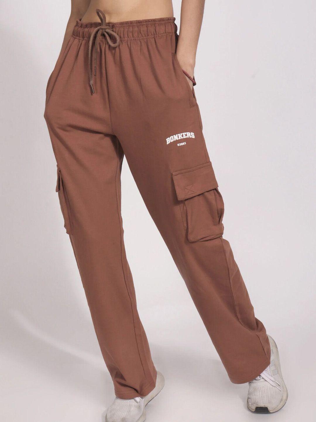 bonkers corner women brown cotton straight cargo track pants