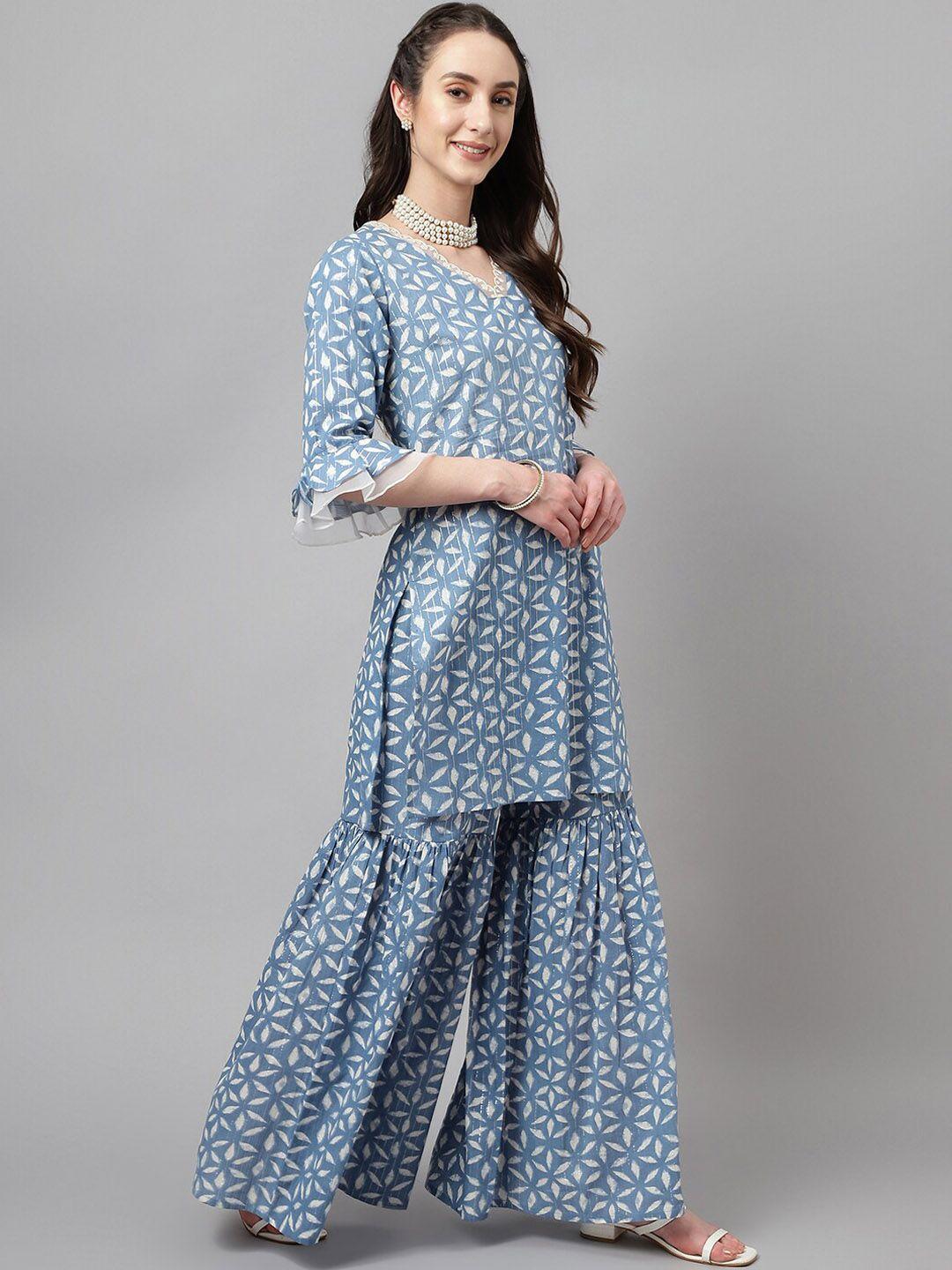 fiorra women blue floral printed regular pure cotton kurta with sharara & with dupatta