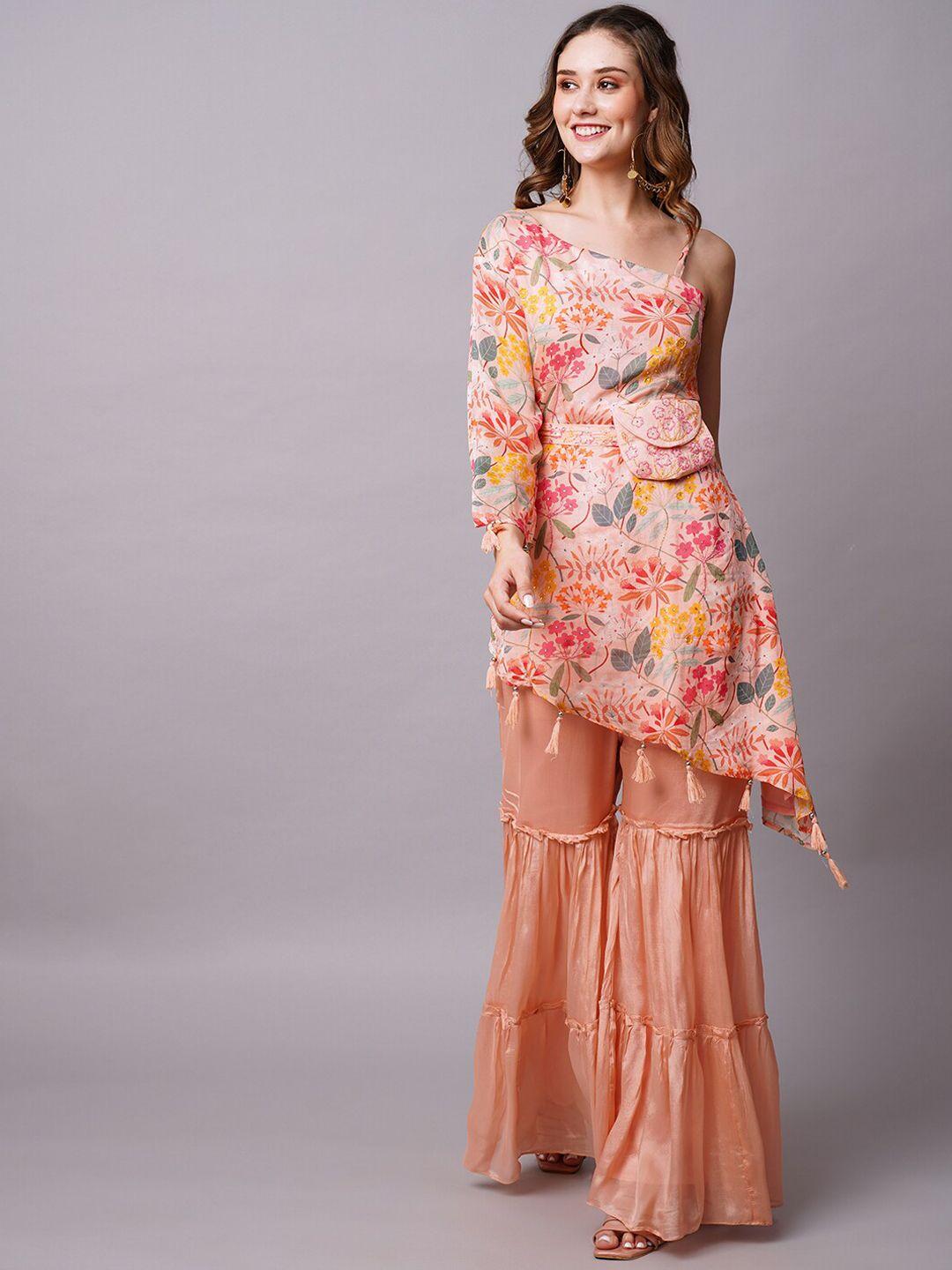 fashor floral printe silk crepe kurta with sharara & dupatta