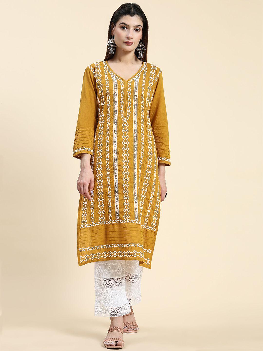 house of kari women mustard yellow geometric thread work handloom kurta