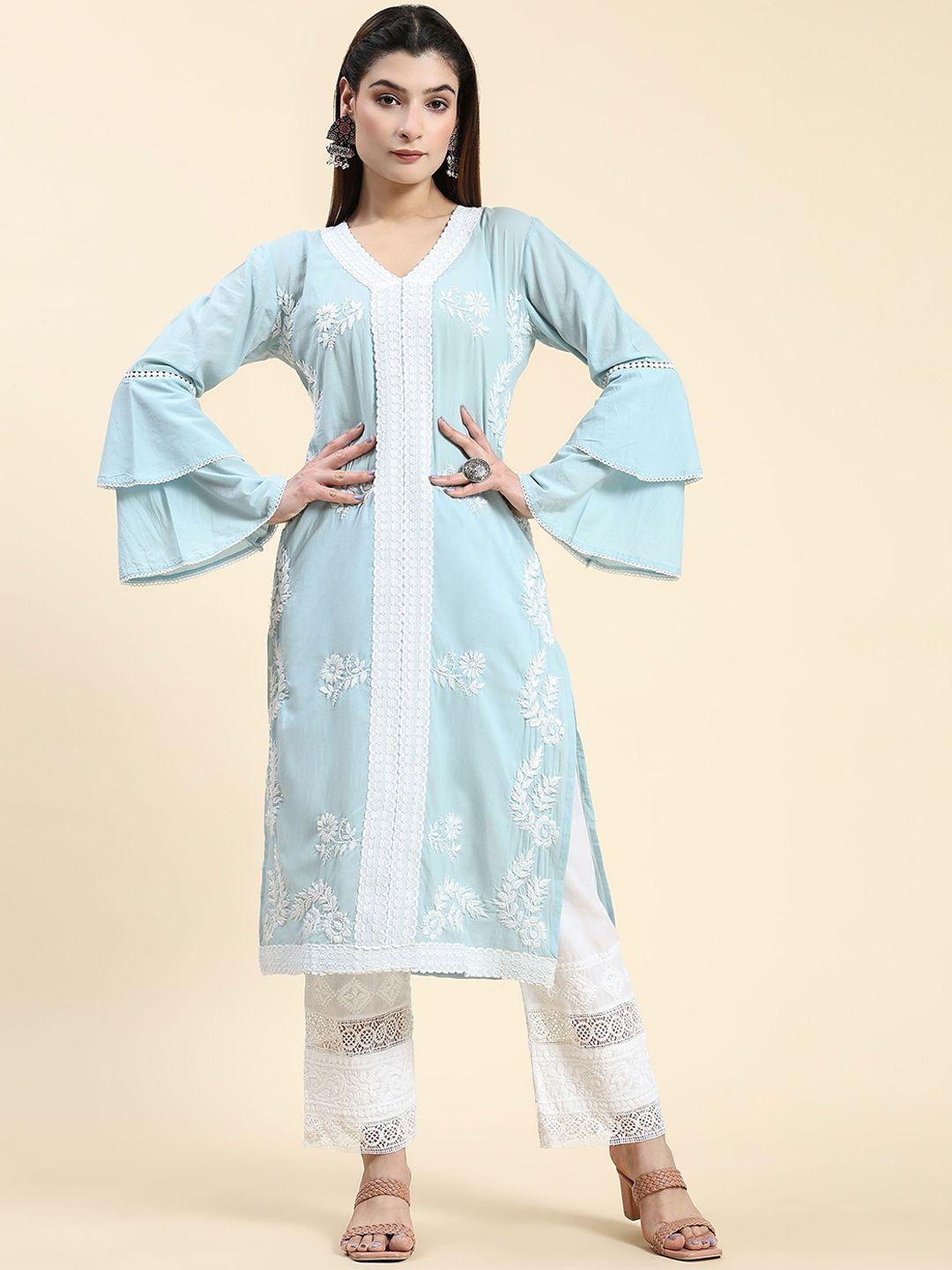 house of kari women blue floral embroidered flared sleeves gotta patti handloom anarkali kurta