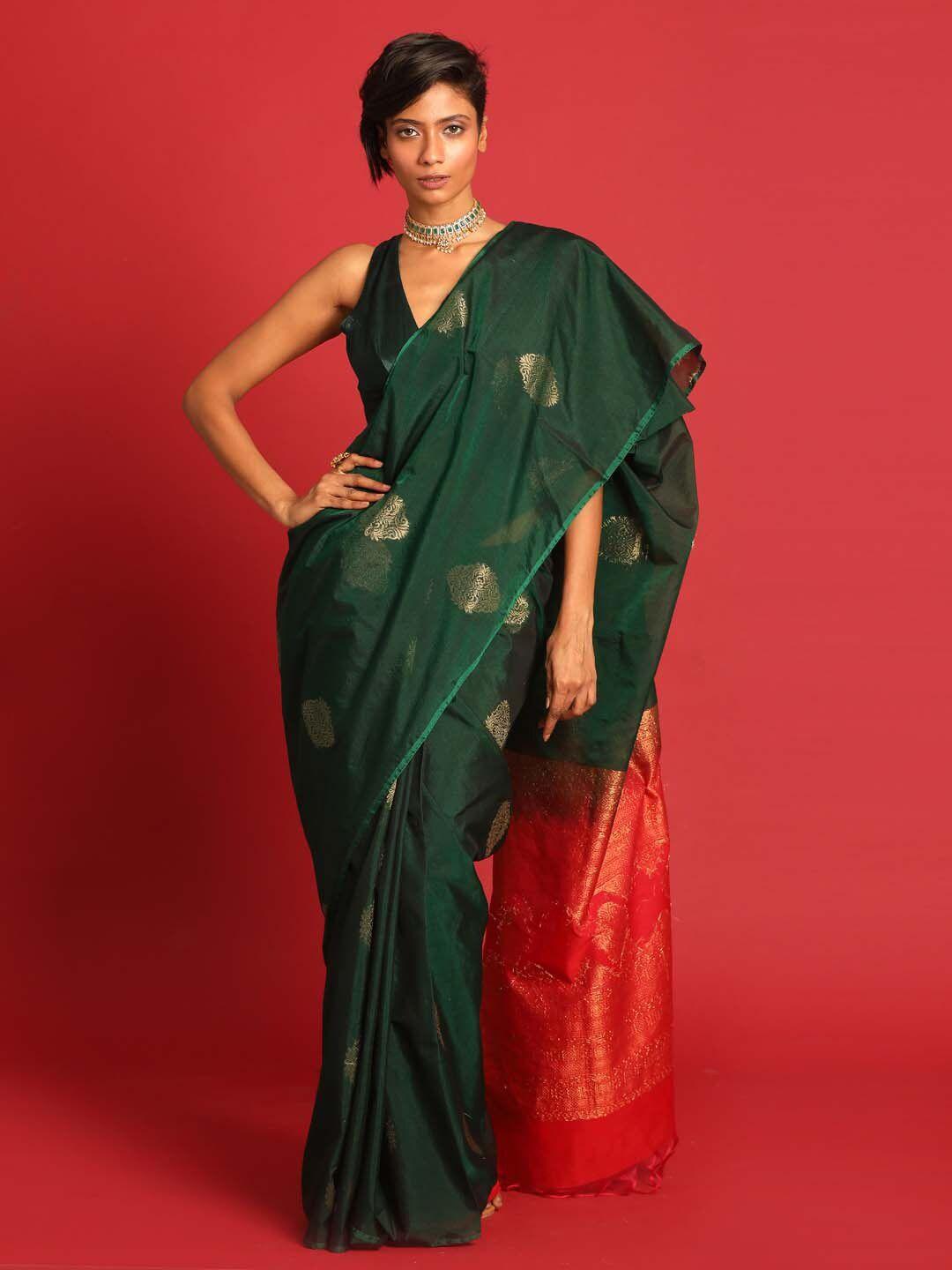 indethnic green & gold-toned ethnic motifs zari art silk pochampally saree