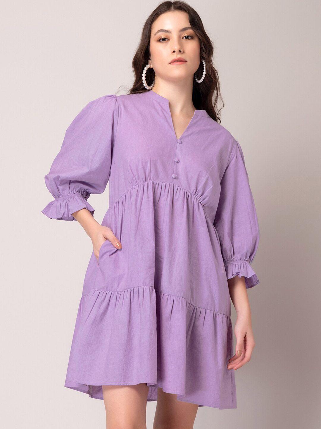 faballey purple mandarin collar puff sleeves a-line dress