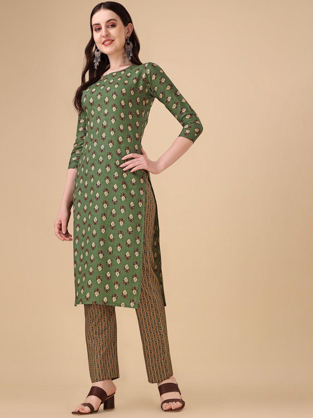 fashion basket women green ethnic motifs printed regular kurta with trousers