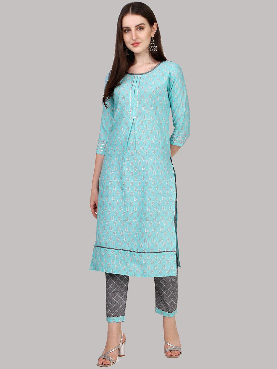 fashion basket women blue ethnic motifs printed regular kurta with trousers