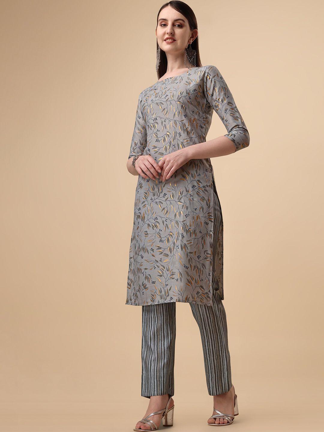 fashion basket women grey ethnic motifs printed regular kurta with trousers