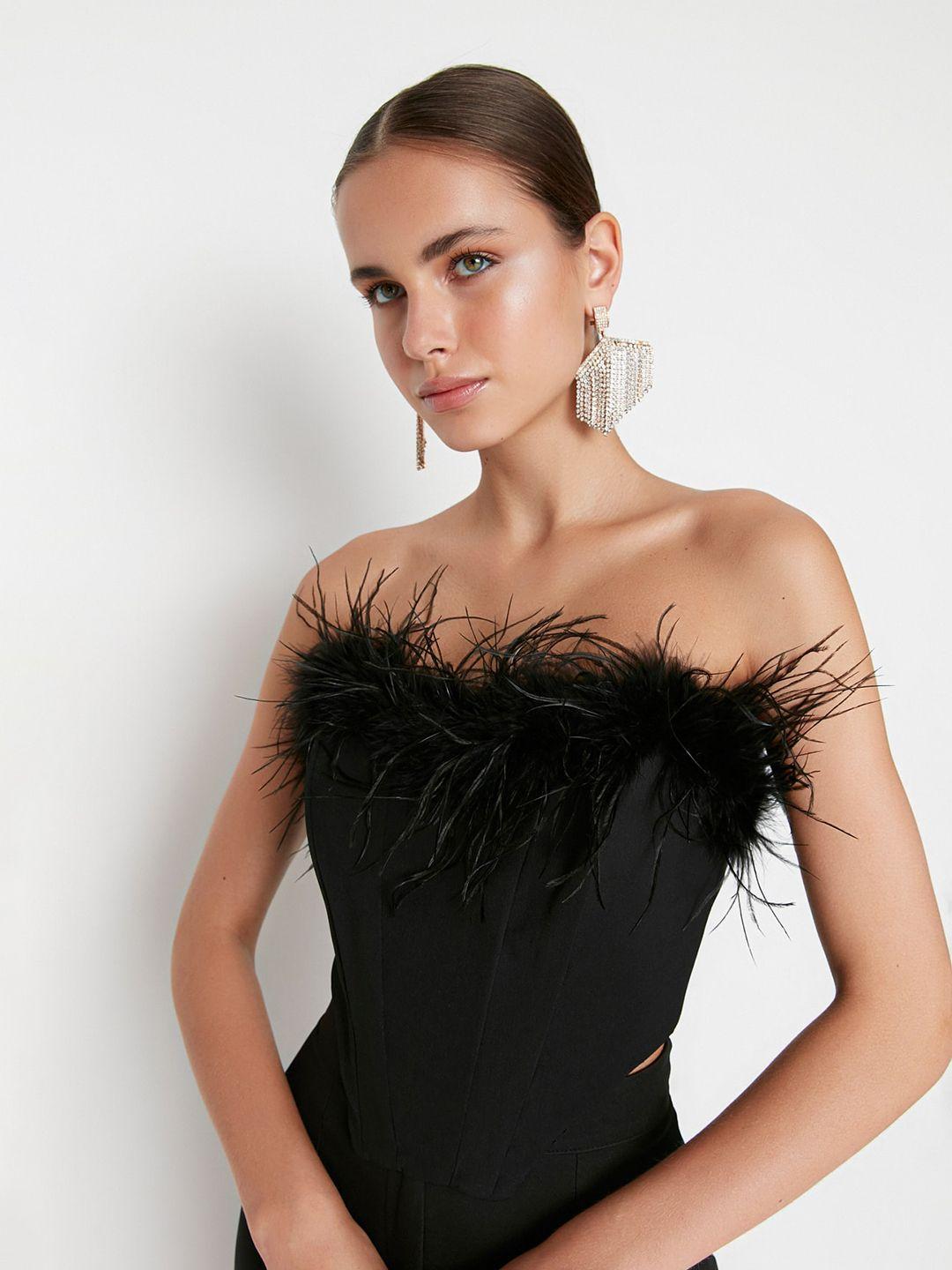 trendyol off-shoulder crop top with faux fur trim