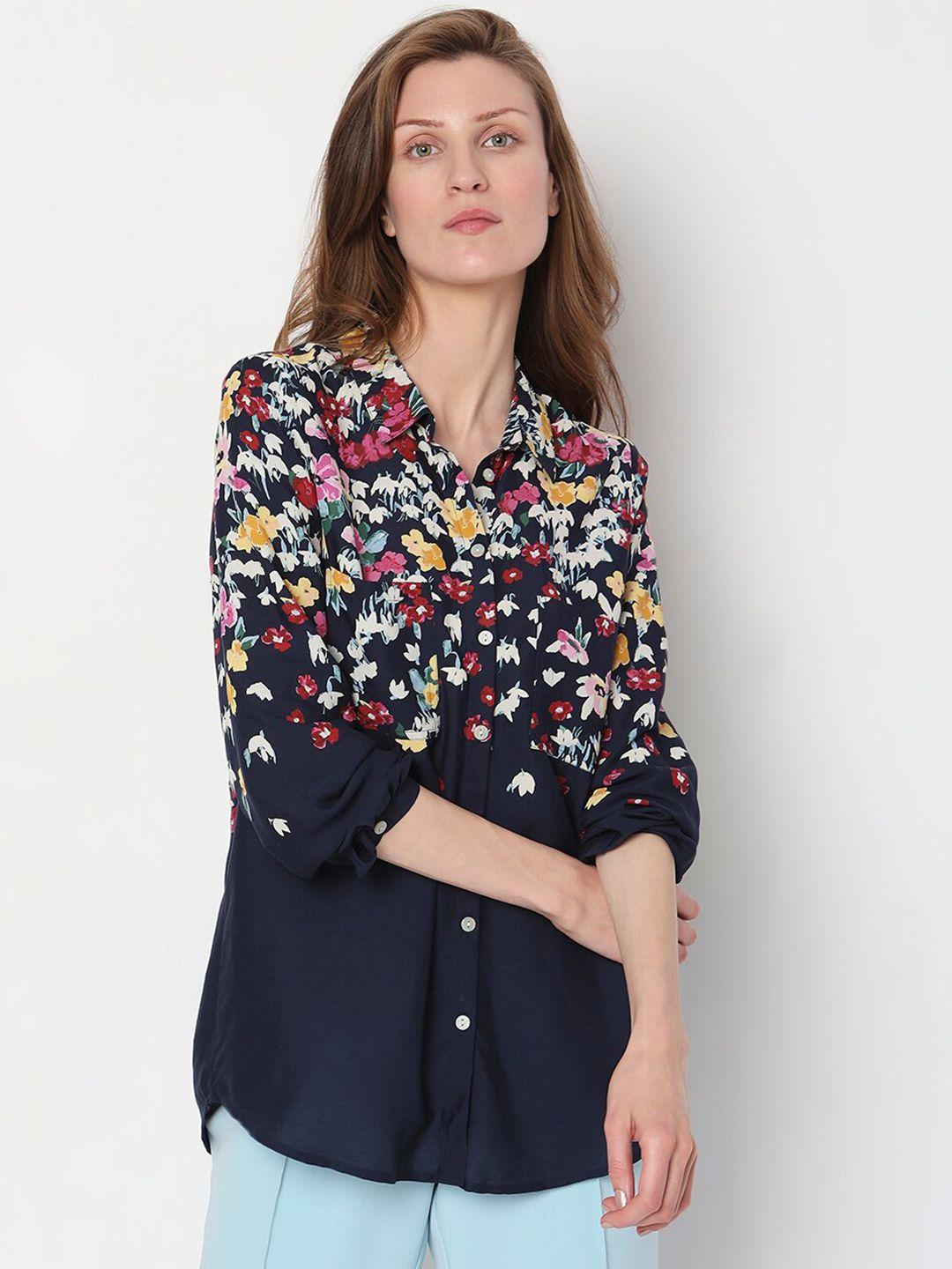 vero moda regular fit floral printed spread collar puff sleeves casual shirt