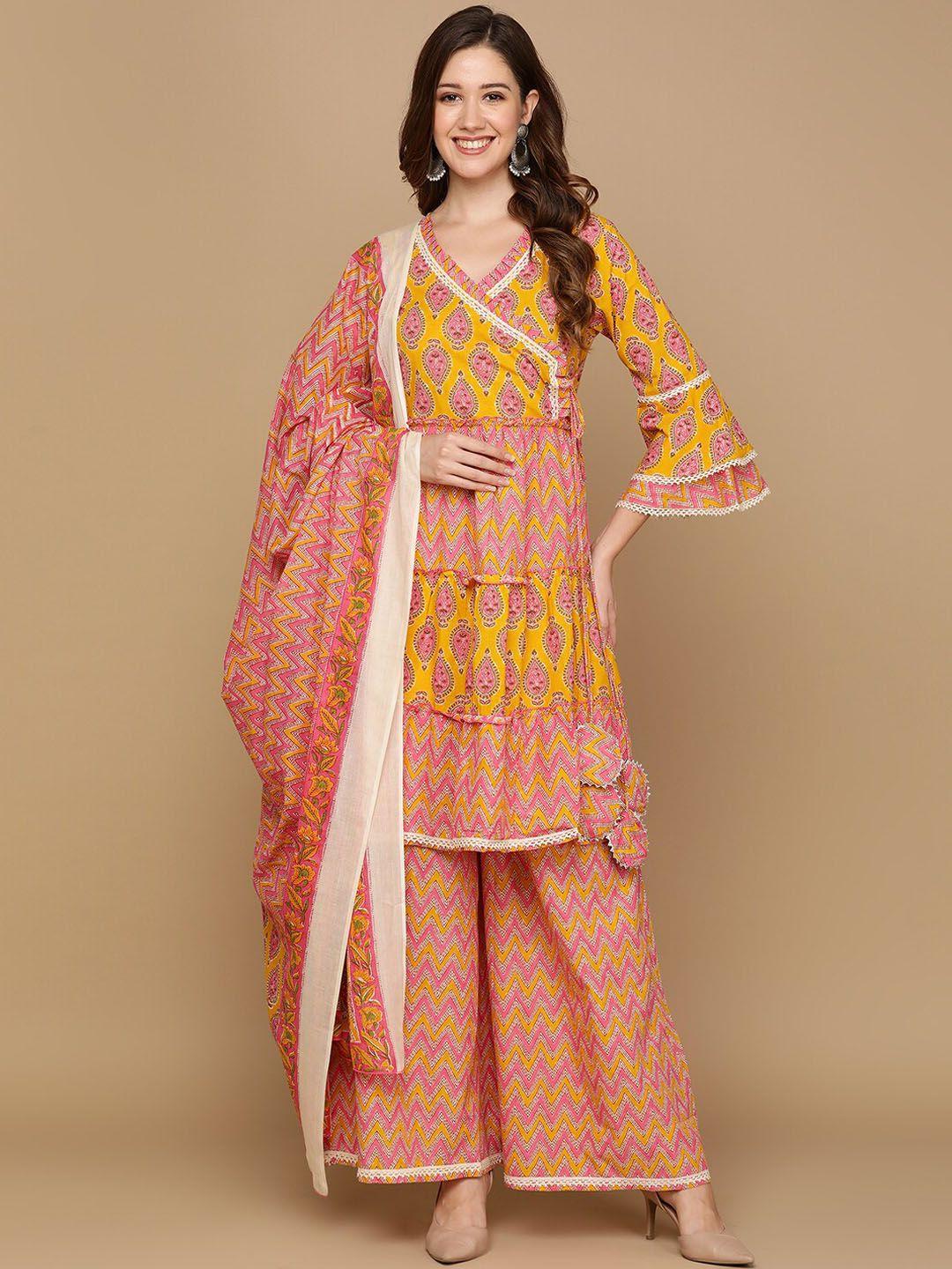 senyora women orange ethnic motifs printed angrakha pure cotton kurta with sharara & with dupatta