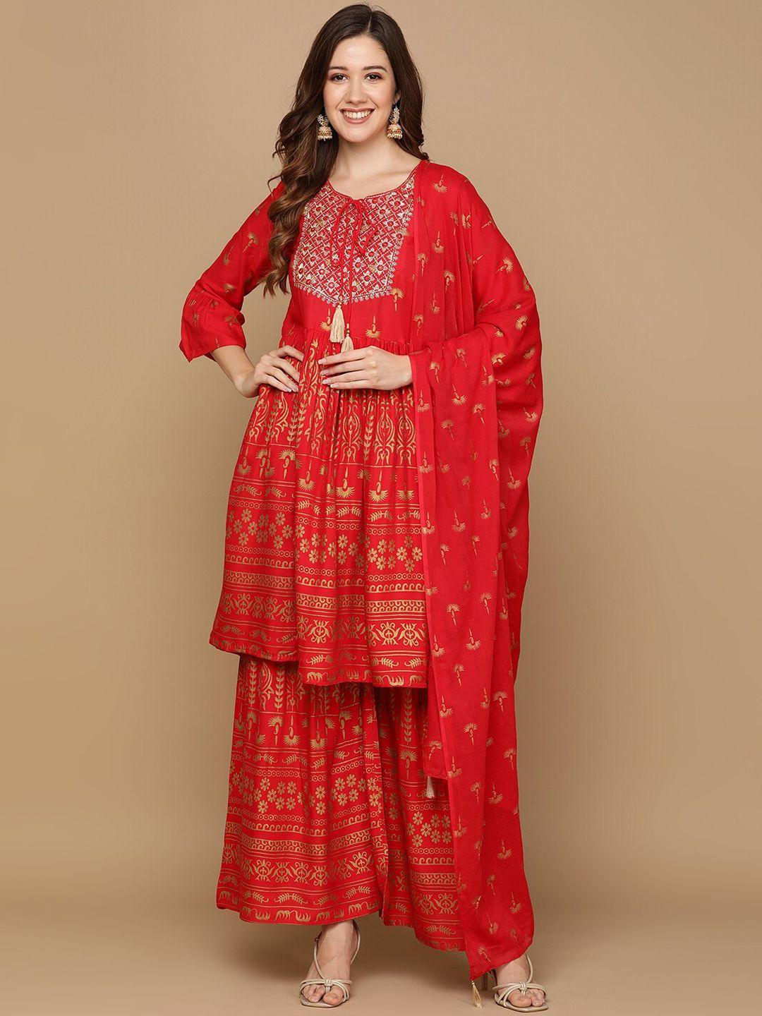 senyora women red ethnic motifs printed regular mirror work kurta with sharara & with dupatta