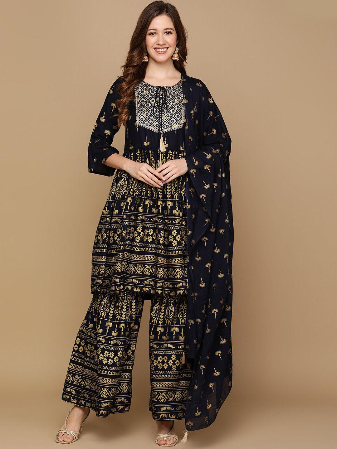 senyora women navy blue floral printed empire thread work kurta with sharara & with dupatta