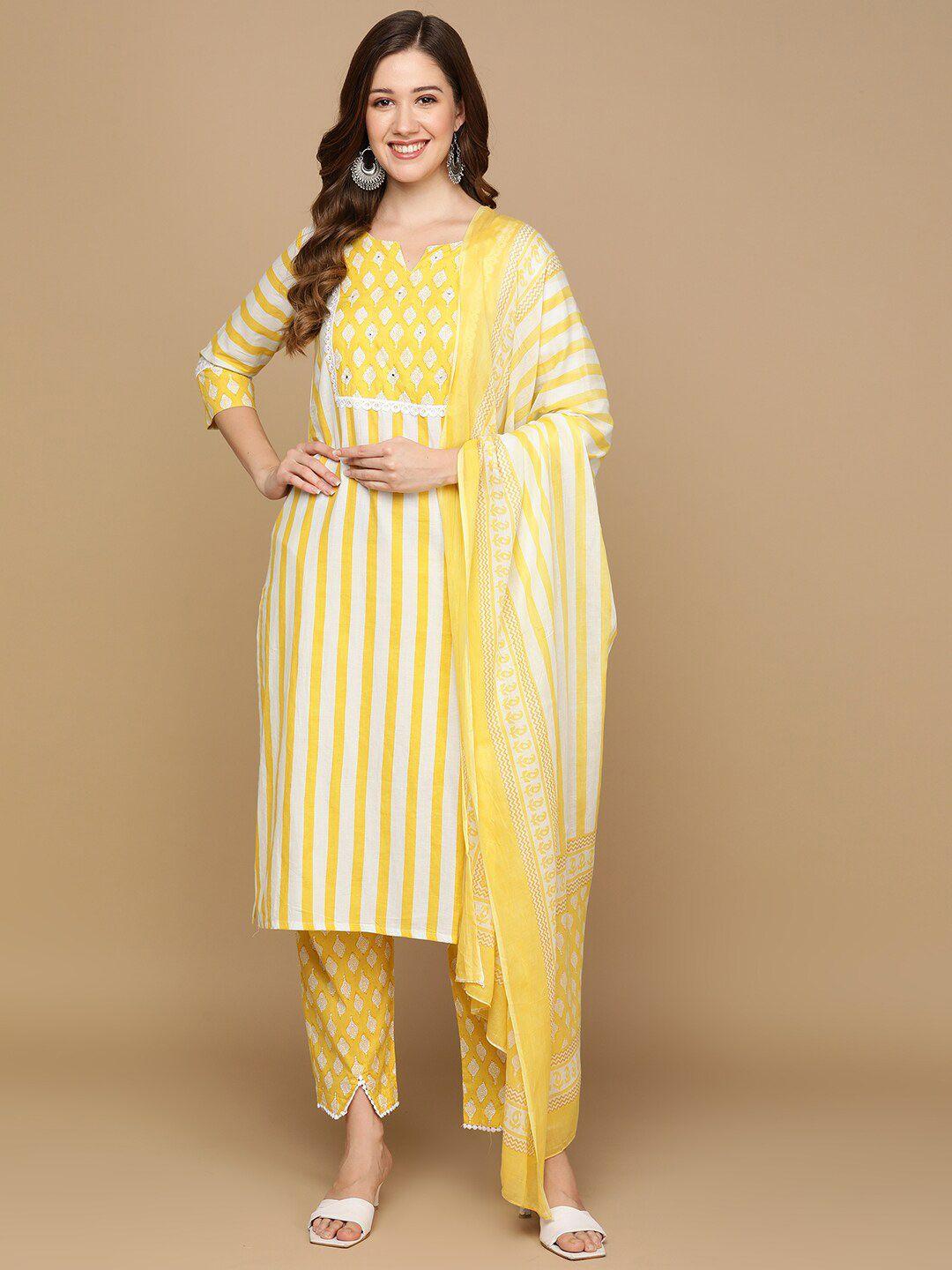 senyora women yellow printed regular pure cotton kurta with trousers & with dupatta