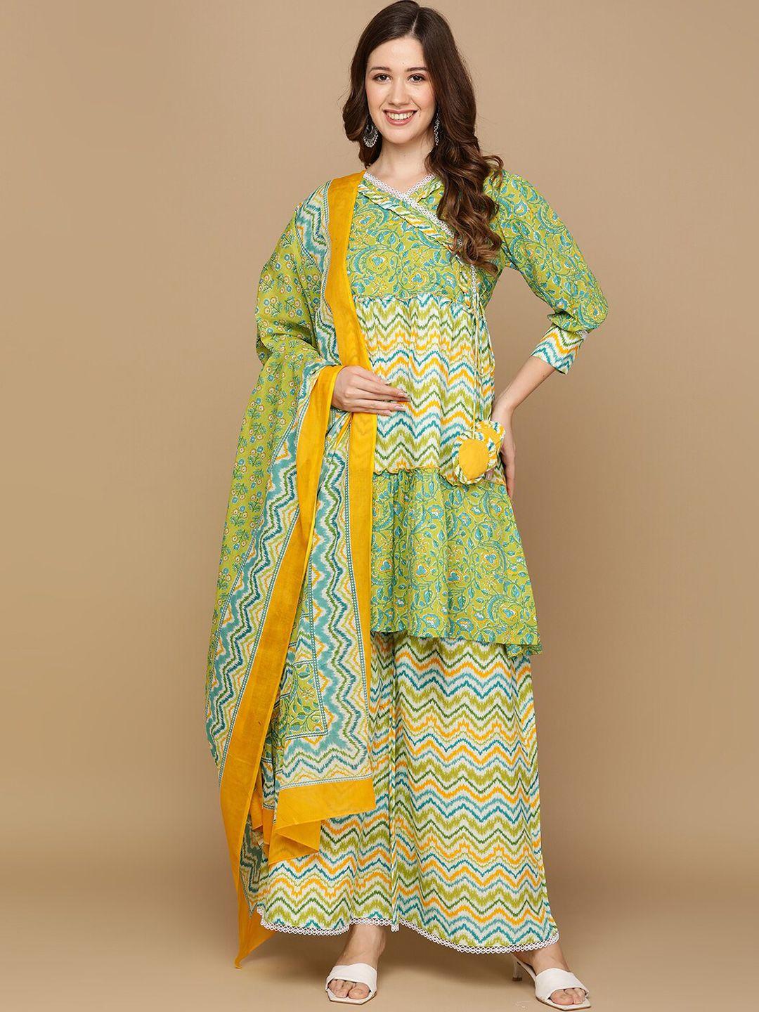 senyora women green printed angrakha pure cotton kurta with sharara & with dupatta