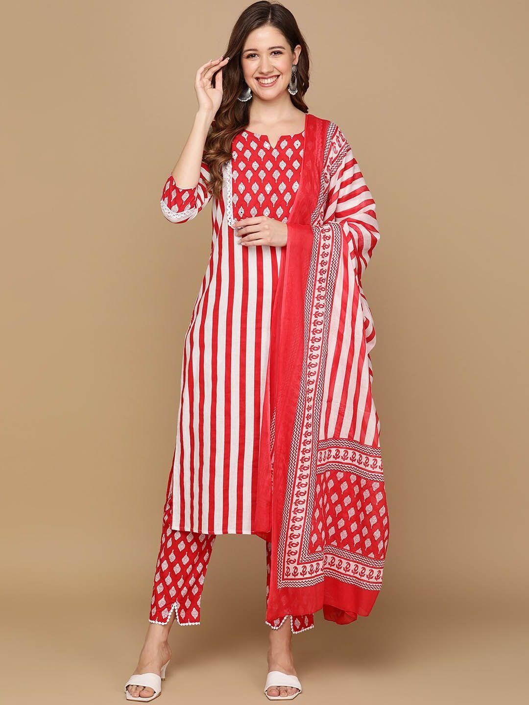 senyora women red striped regular thread work pure cotton kurta with trousers & with dupatta