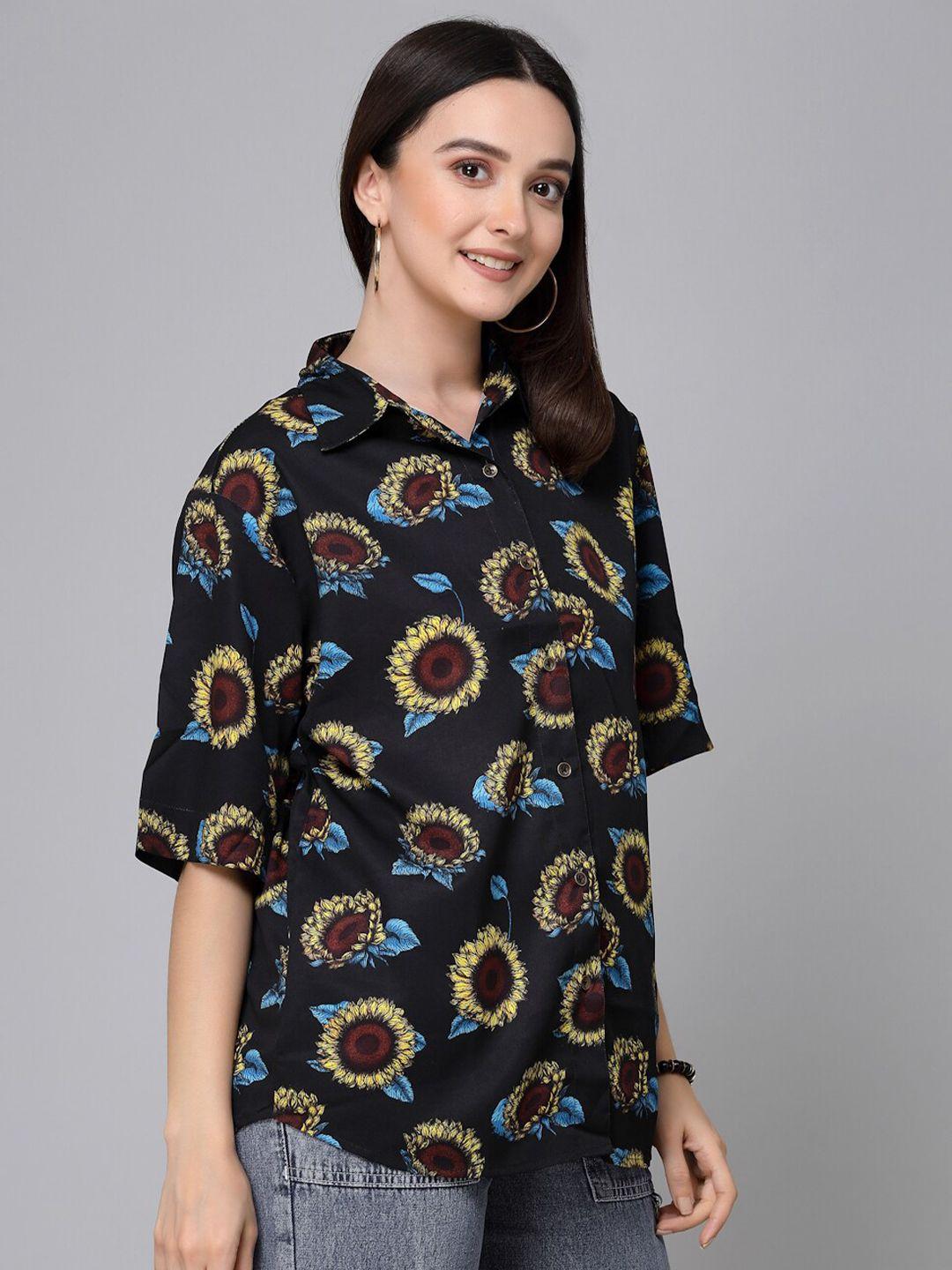 style quotient black floral printed cotton casual shirt