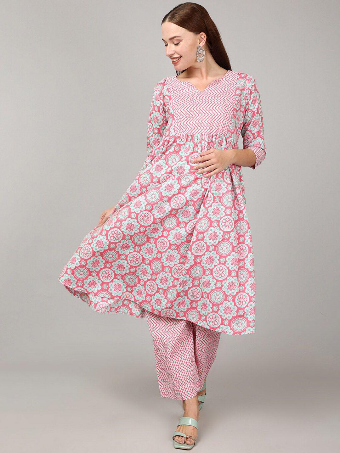 the mom store ek gulab  printed pure cotton a-line maternity kurta & trousers