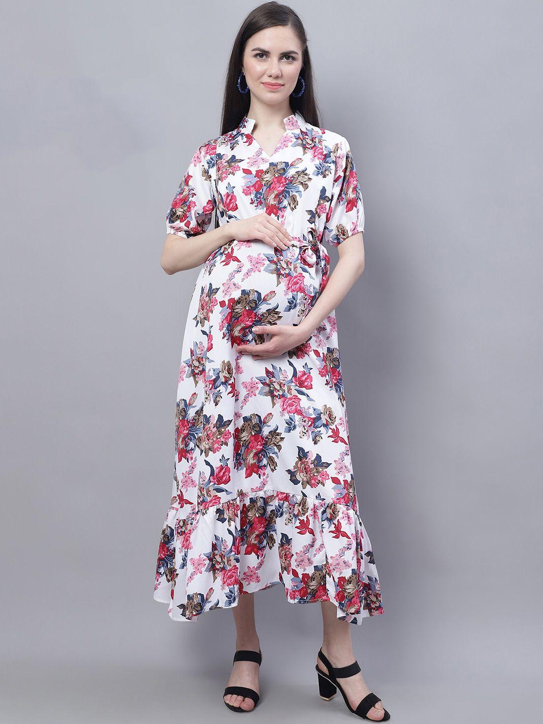 moms maternity feeding floral printed mandarin collar maternity fit & flare midi dress