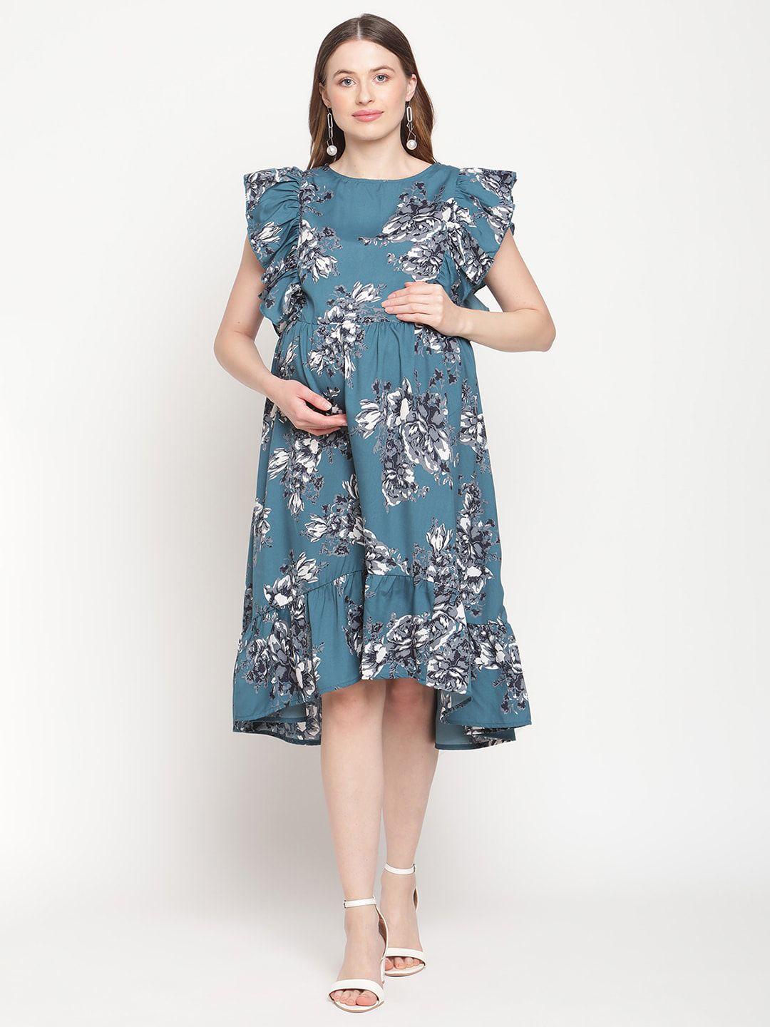 moms maternity feeding floral printed flutter sleeves maternity fit & flare midi dress