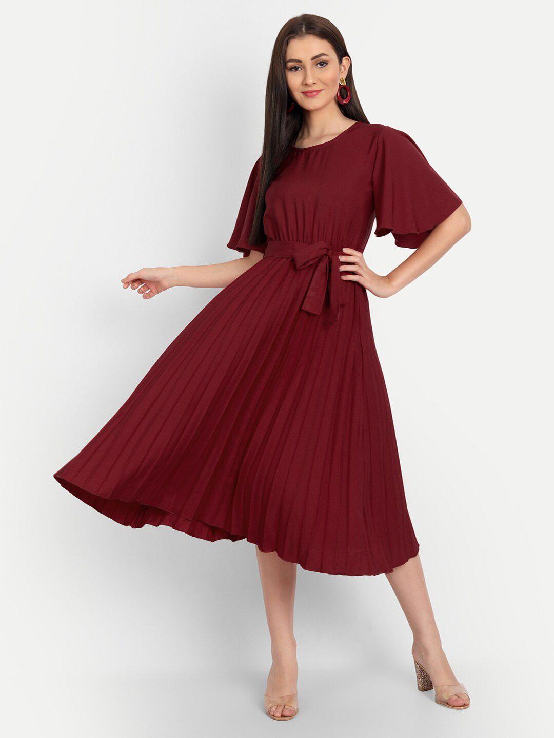 deklook maroon flared sleeve crepe fit & flare midi dress