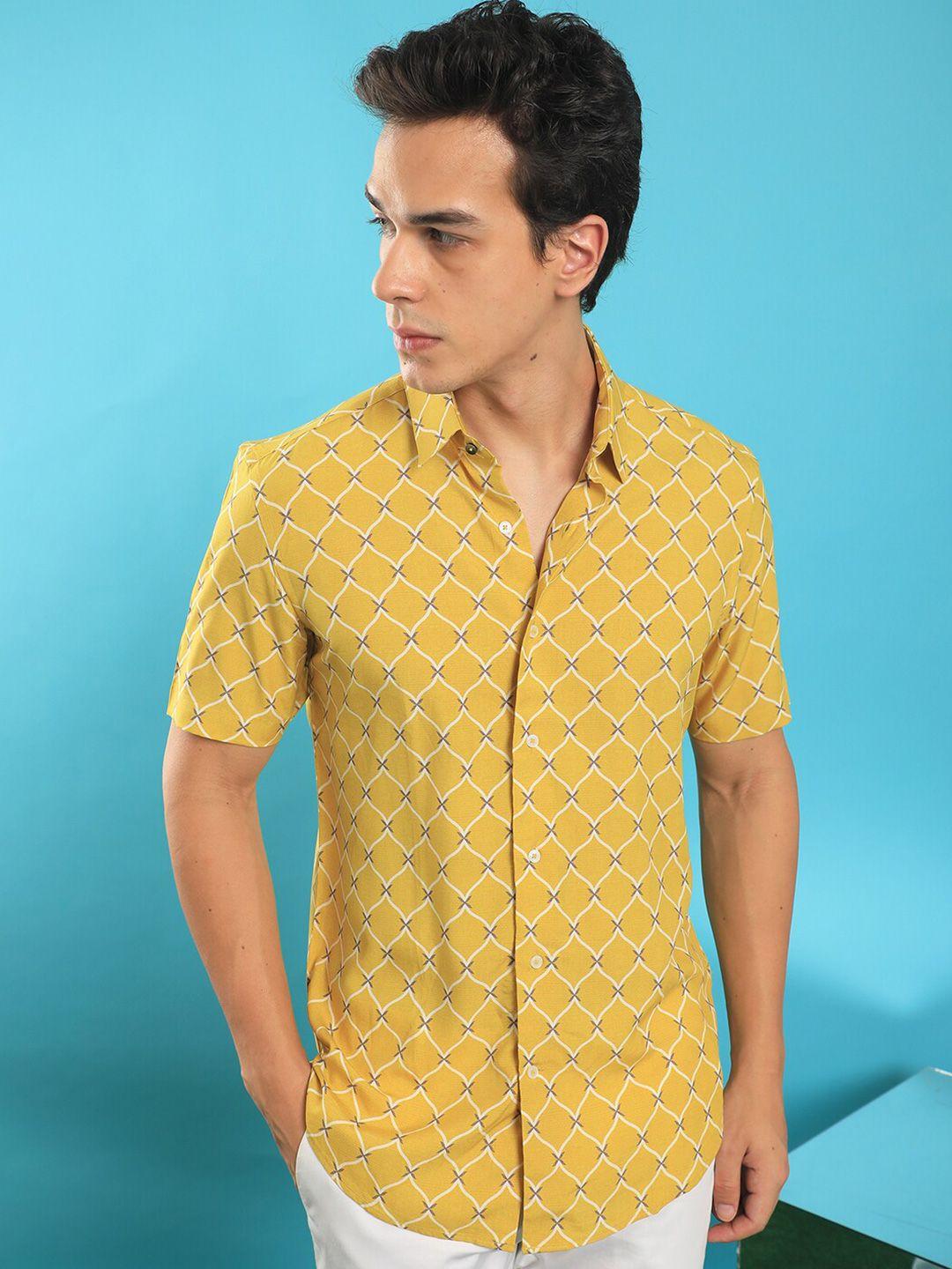 rare rabbit men mustard slim fit opaque printed casual shirt