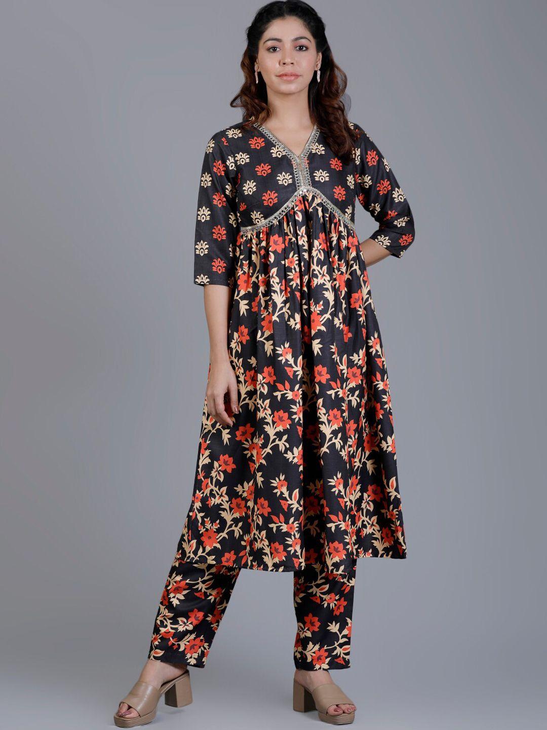 v tradition ethnic-motifs printed v-neck mirror work empire a-line kurta with trousers