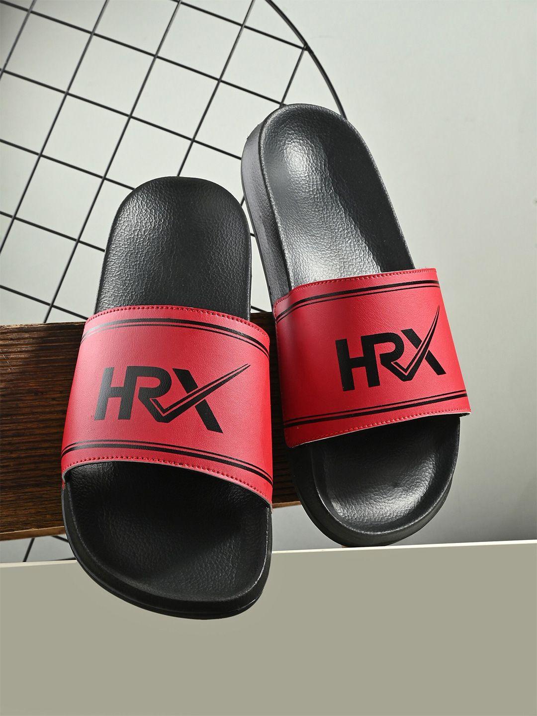 hrx by hrithik roshan men red & black brand logo printed sliders