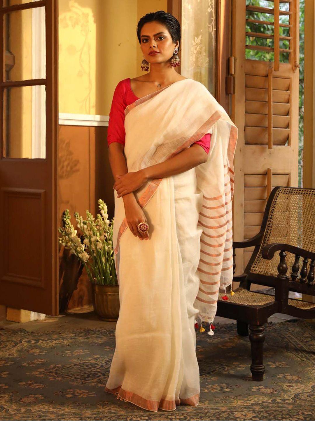 indethnic white & copper-toned zari pure linen jamdani saree