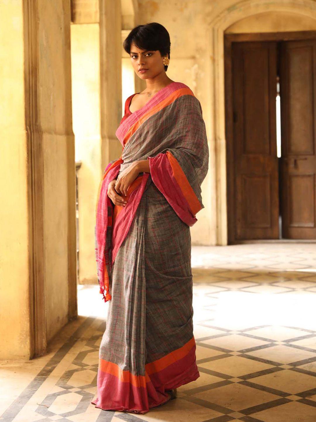 indethnic checked pure cotton jamdani saree