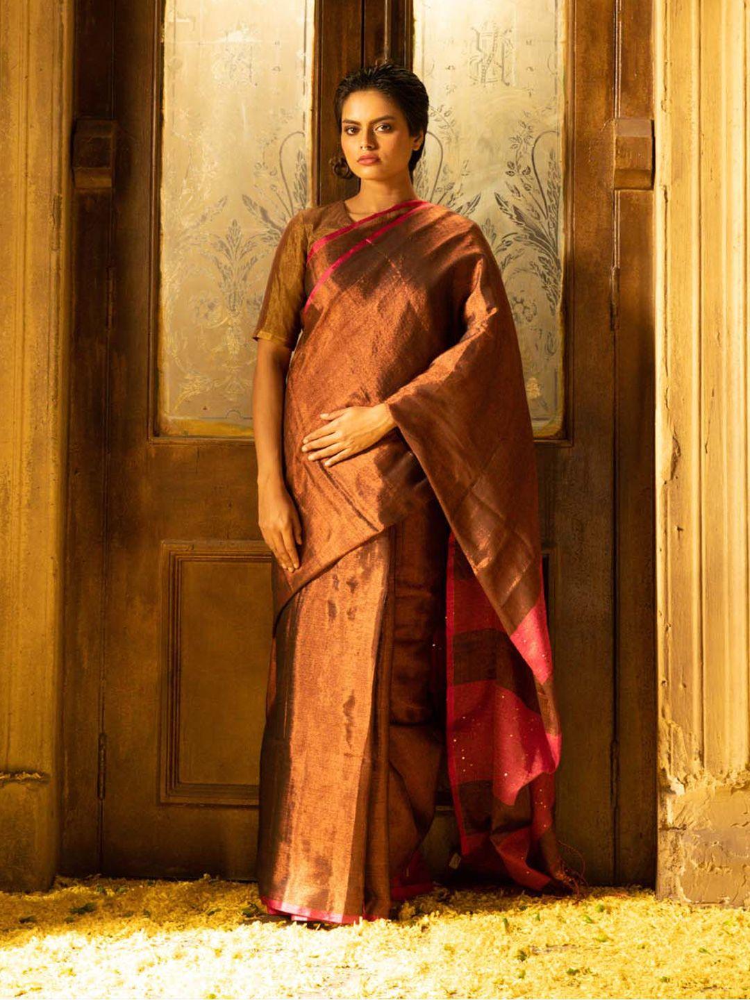 indethnic brown & pink art silk jamdani saree